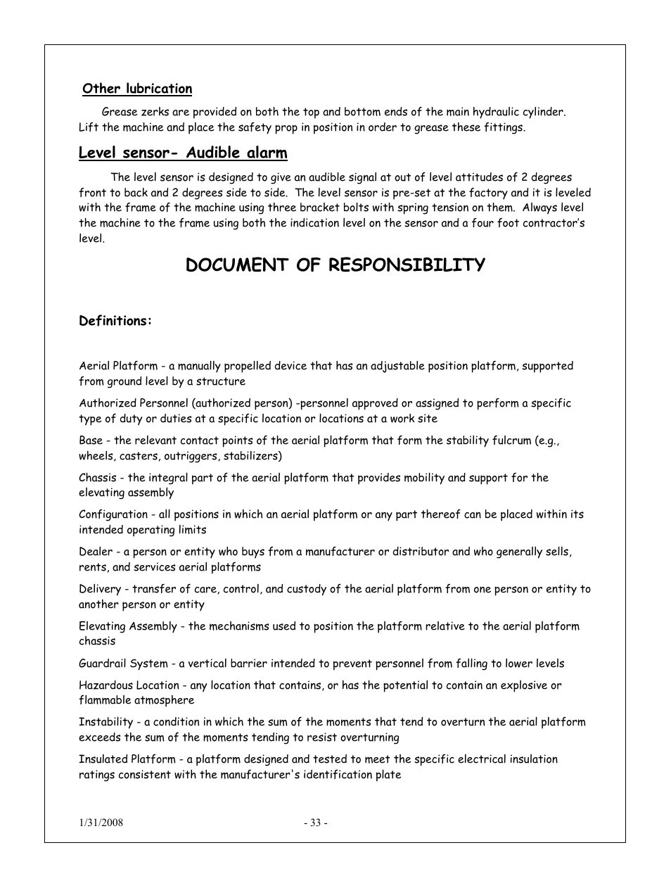 Document of responsibility, Level sensor- audible alarm | Snorkel XT24AL-sn10000+ User Manual | Page 32 / 52