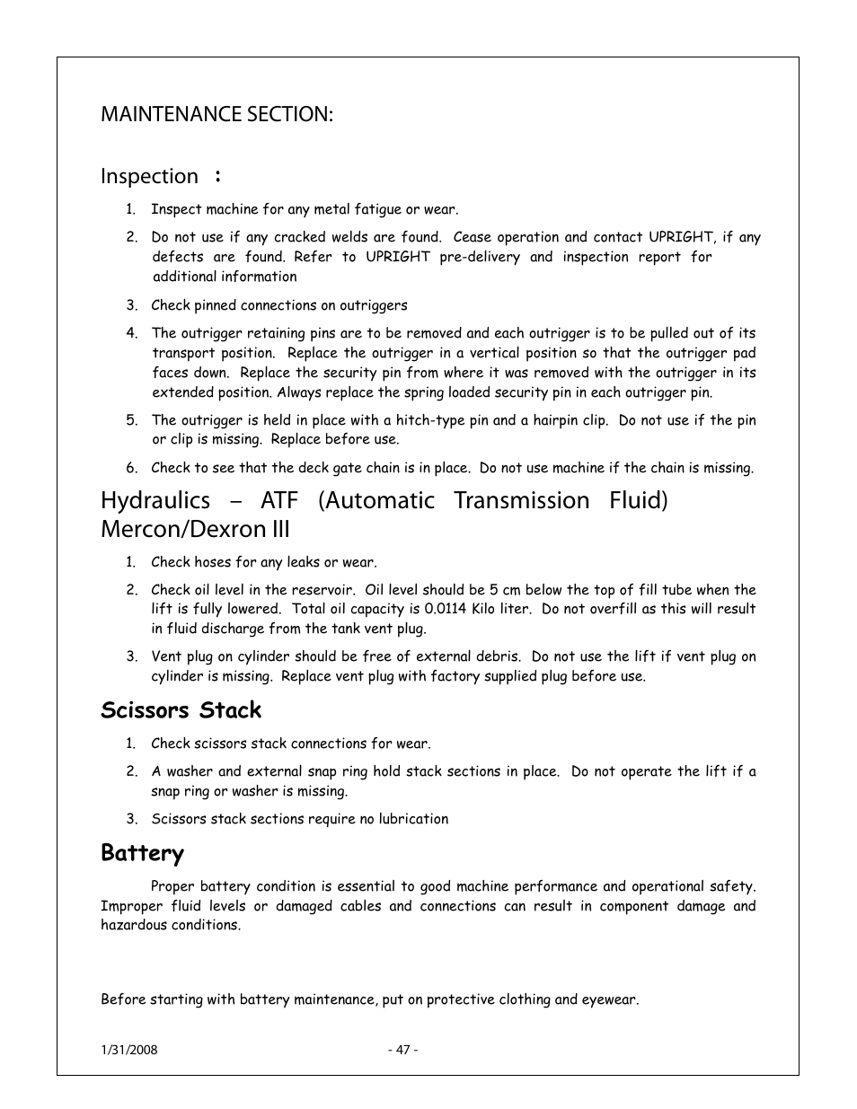Scissors stack, Battery | Snorkel XT24AL-sn10000+ User Manual | Page 46 / 52