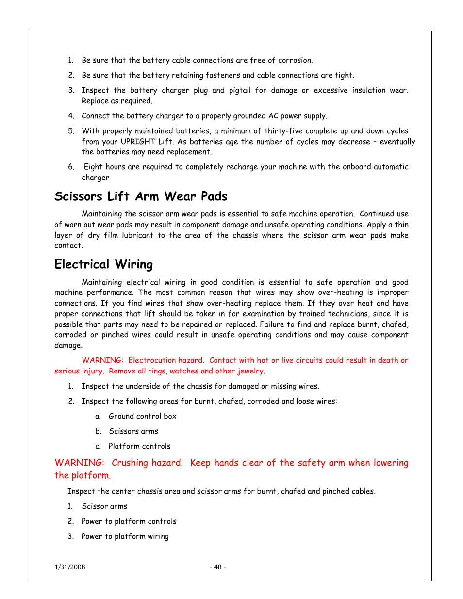 Scissors lift arm wear pads, Electrical wiring | Snorkel XT24AL-sn10000+ User Manual | Page 47 / 52