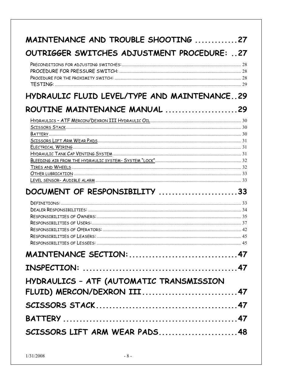 Maintenance and trouble shooting, Outrigger switches adjustment procedure, Hydraulic fluid level/type and maintenance | Routine maintenance manual, Document of responsibility, Inspection, Scissors stack, Battery, Scissors lift arm wear pads | Snorkel XT24AL-sn10000+ User Manual | Page 7 / 52