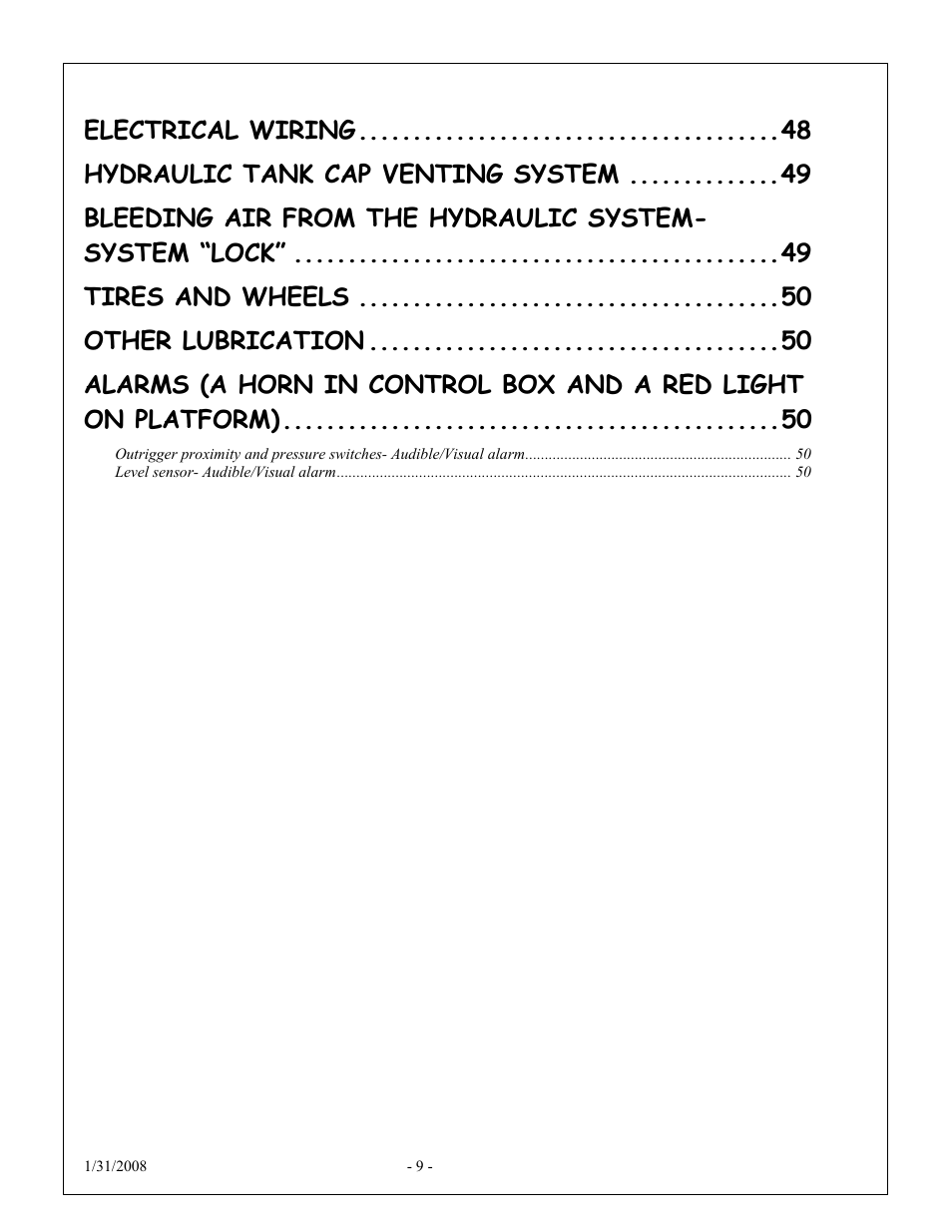 Electrical wiring, Hydraulic tank cap venting system, Tires and wheels | Other lubrication | Snorkel XT24AL-sn10000+ User Manual | Page 8 / 52