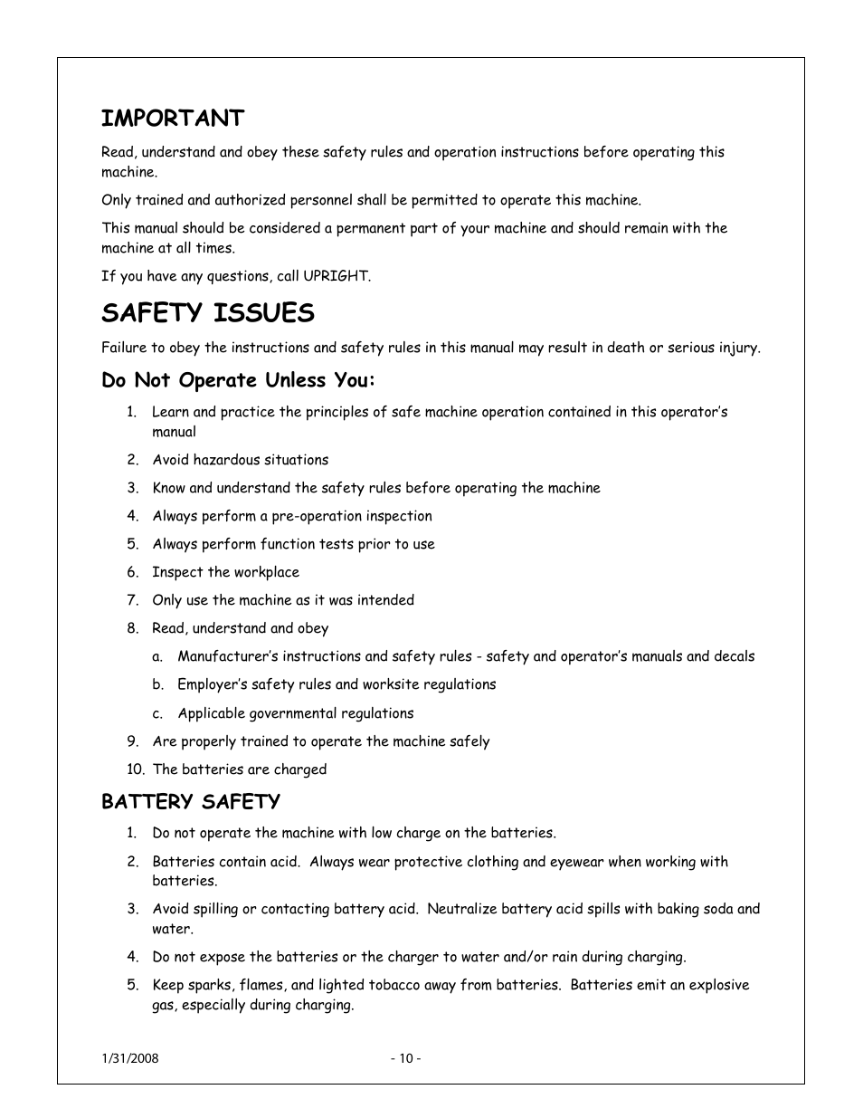 Safety issues, Important, Do not operate unless you | Battery safety | Snorkel XT24AL-sn10000+ User Manual | Page 9 / 52