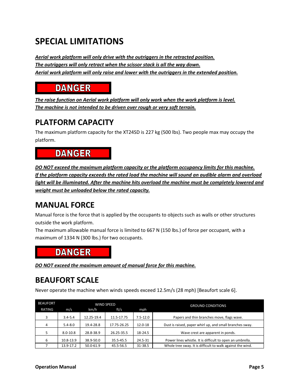 Special limitations, Platform capacity, Manual force | Beaufort scale | Snorkel XT24SD-sn001+ User Manual | Page 6 / 18