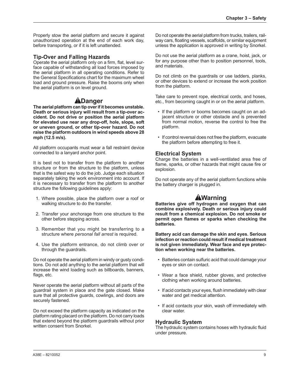 Danger, Warning | Snorkel A38E-sn004509+ User Manual | Page 13 / 60