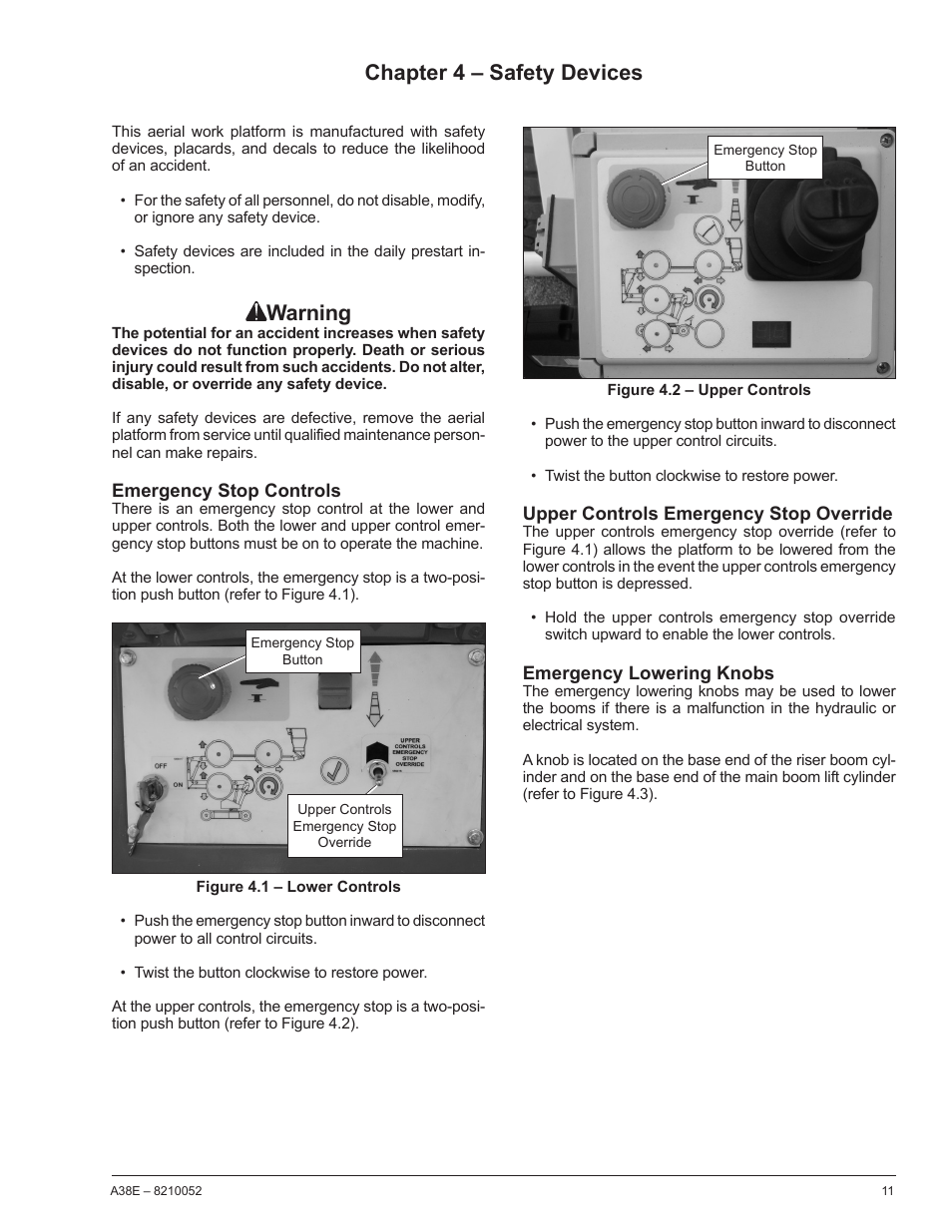 Warning, Chapter 4 – safety devices | Snorkel A38E-sn004509+ User Manual | Page 15 / 60