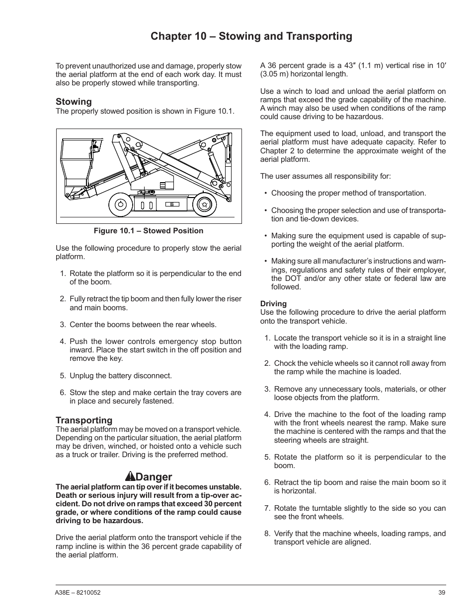 Chapter 10 – stowing and transporting, Danger | Snorkel A38E-sn004509+ User Manual | Page 43 / 60