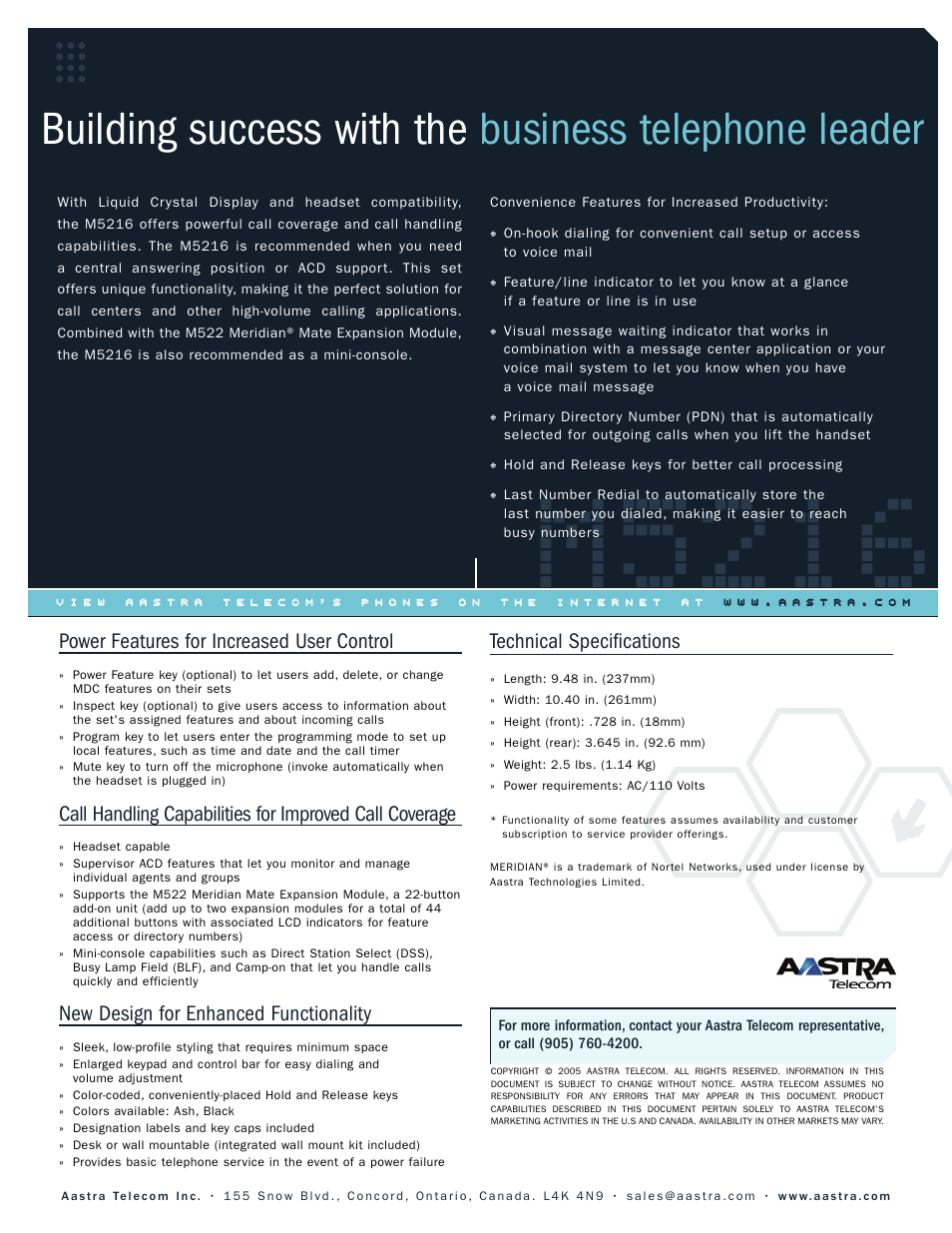 M5216, Power features for increased user control, New design for enhanced functionality | Technical specifications | Aastra Telecom 5216 User Manual | Page 2 / 2