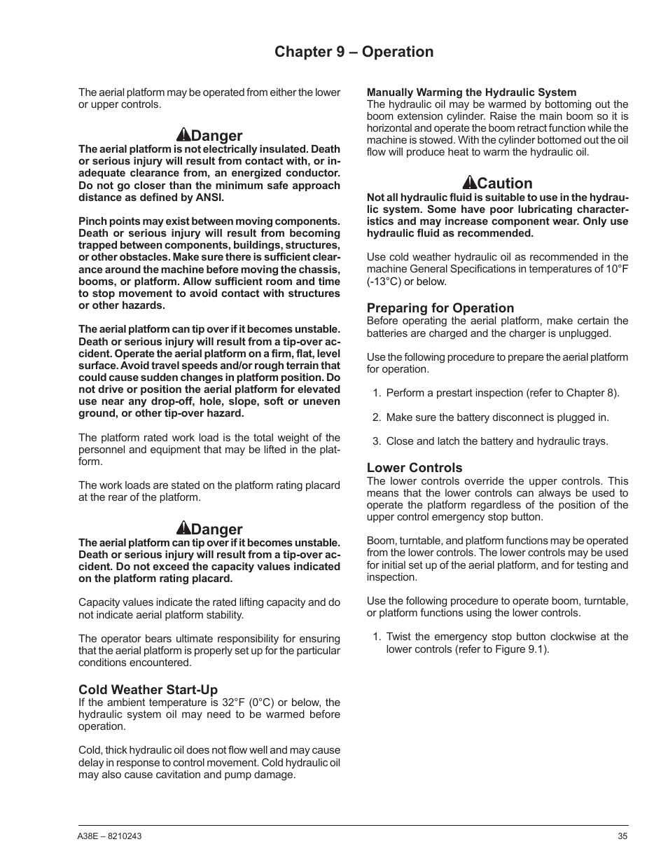 Caution, Chapter 9 – operation, Danger | Snorkel A38E-sn006001+ User Manual | Page 39 / 58