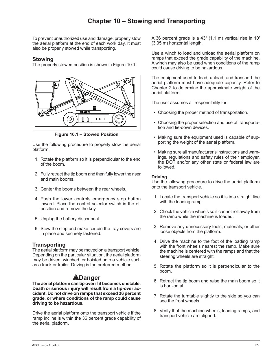 Chapter 10 – stowing and transporting, Danger | Snorkel A38E-sn006001+ User Manual | Page 43 / 58