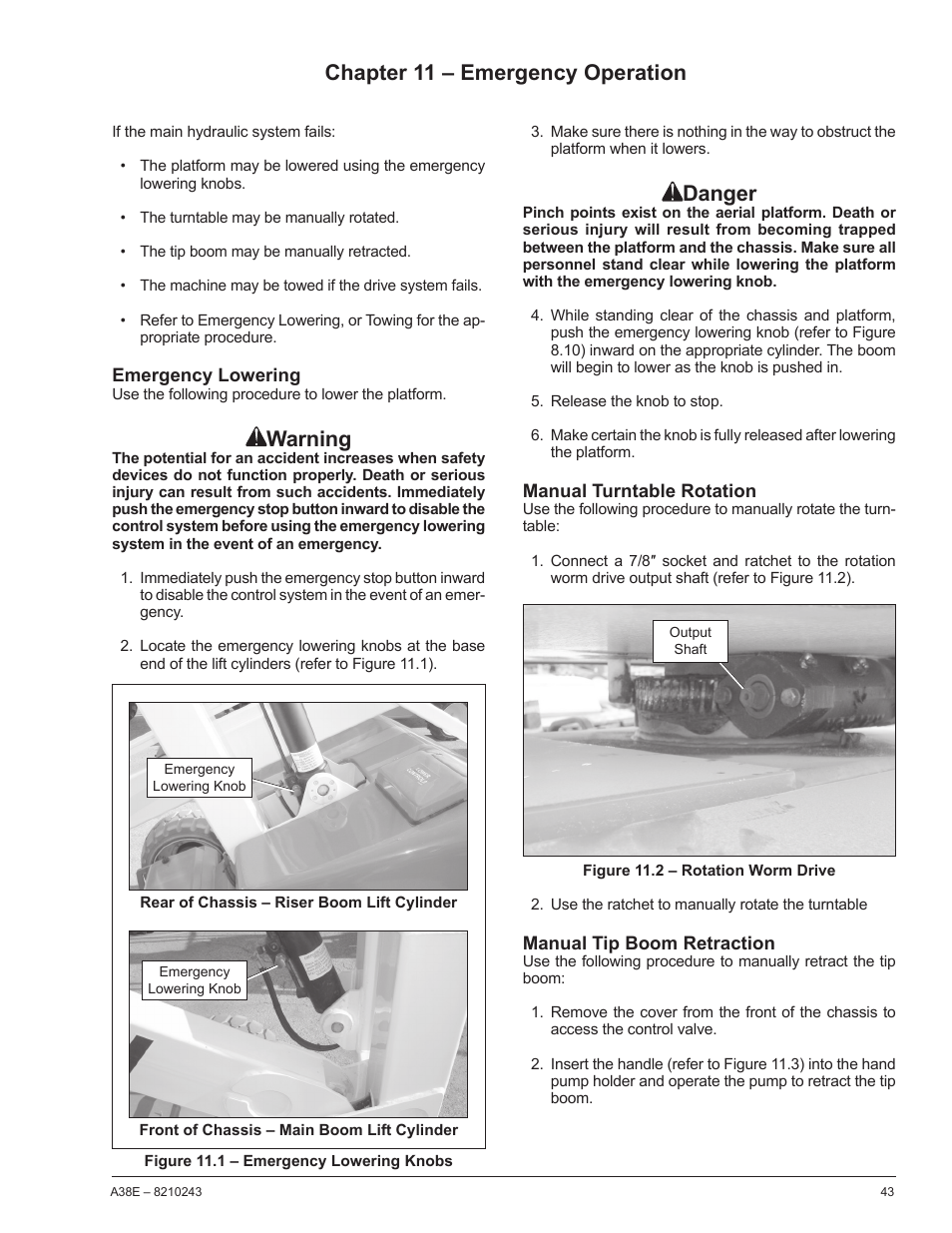 Warning, Chapter 11 – emergency operation, Danger | Snorkel A38E-sn006001+ User Manual | Page 47 / 58