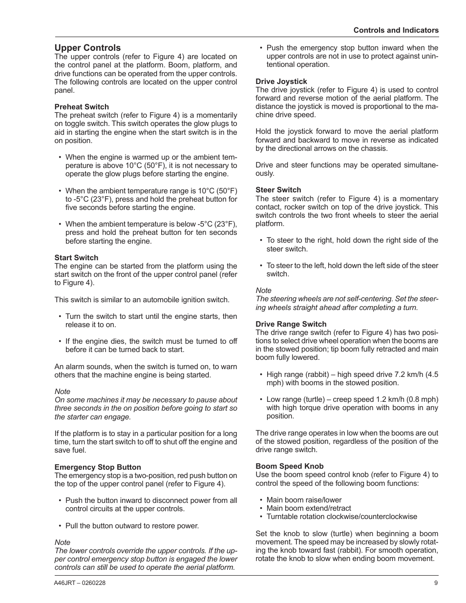 Upper controls, Preheat switch, Start switch | Emergency stop button, Drive joystick, Steer switch, Drive range switch, Boom speed knob | Snorkel A46JRT CE User Manual | Page 11 / 28