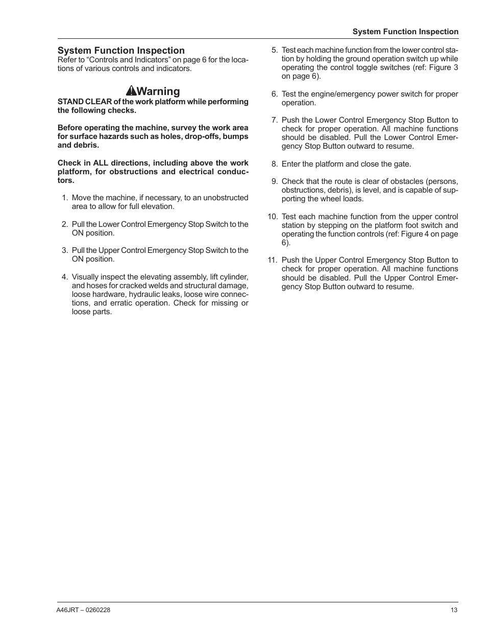 System function inspection, Warning | Snorkel A46JRT CE User Manual | Page 15 / 28