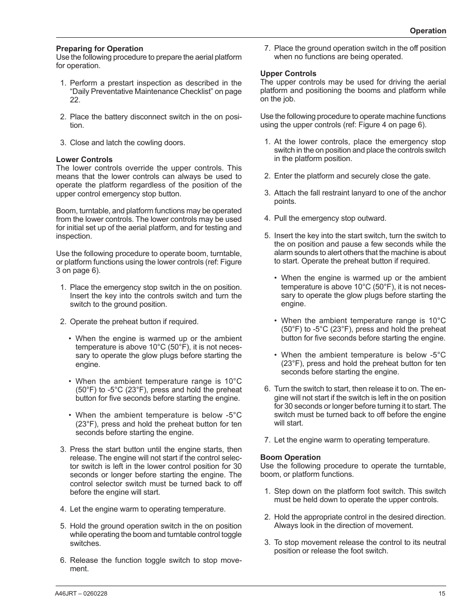 Preparing for operation, Lower controls, Upper controls | Boom operation | Snorkel A46JRT CE User Manual | Page 17 / 28