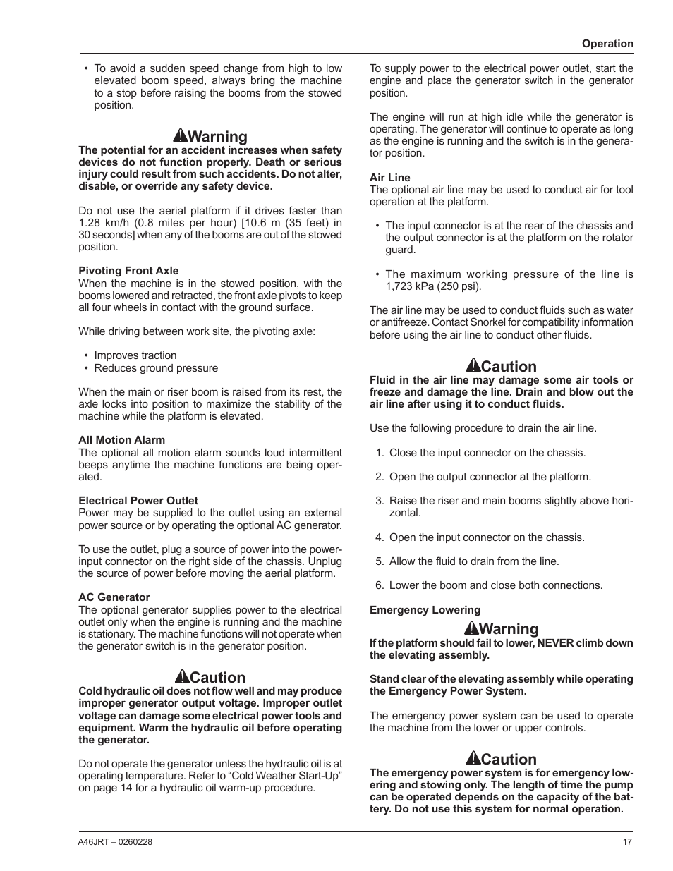 Pivoting front axle, All motion alarm, Electrical power outlet | Ac generator, Air line, Emergency lowering, Warning, Caution | Snorkel A46JRT CE User Manual | Page 19 / 28