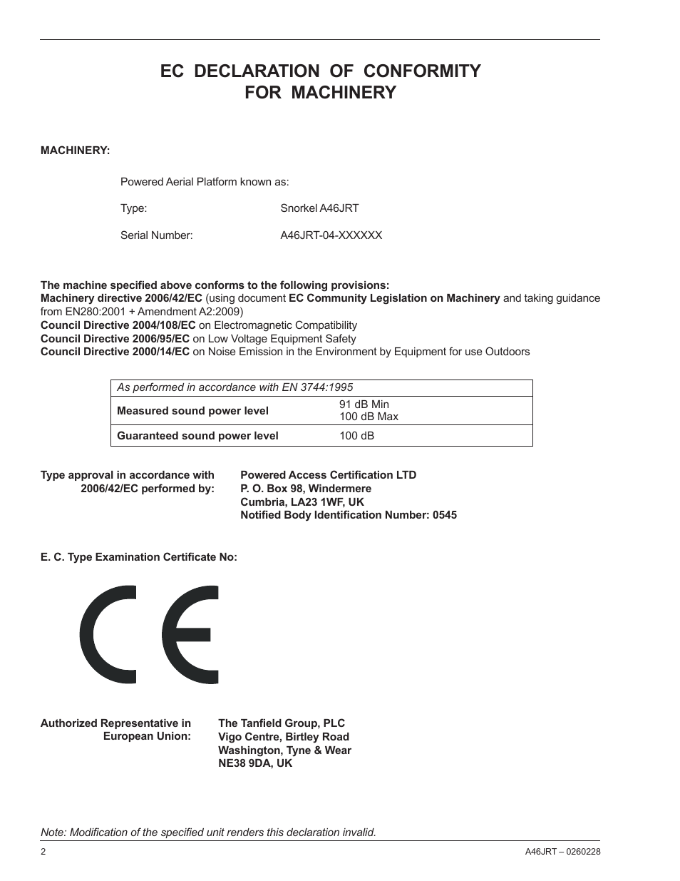 Ec declaration of conformity for machinery | Snorkel A46JRT CE User Manual | Page 4 / 28