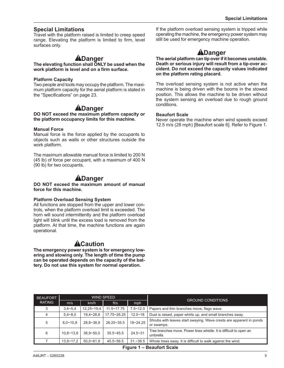 Special limitations, Platform capacity, Manual force | Platform overload sensing system, Danger, Caution | Snorkel A46JRT CE User Manual | Page 7 / 28