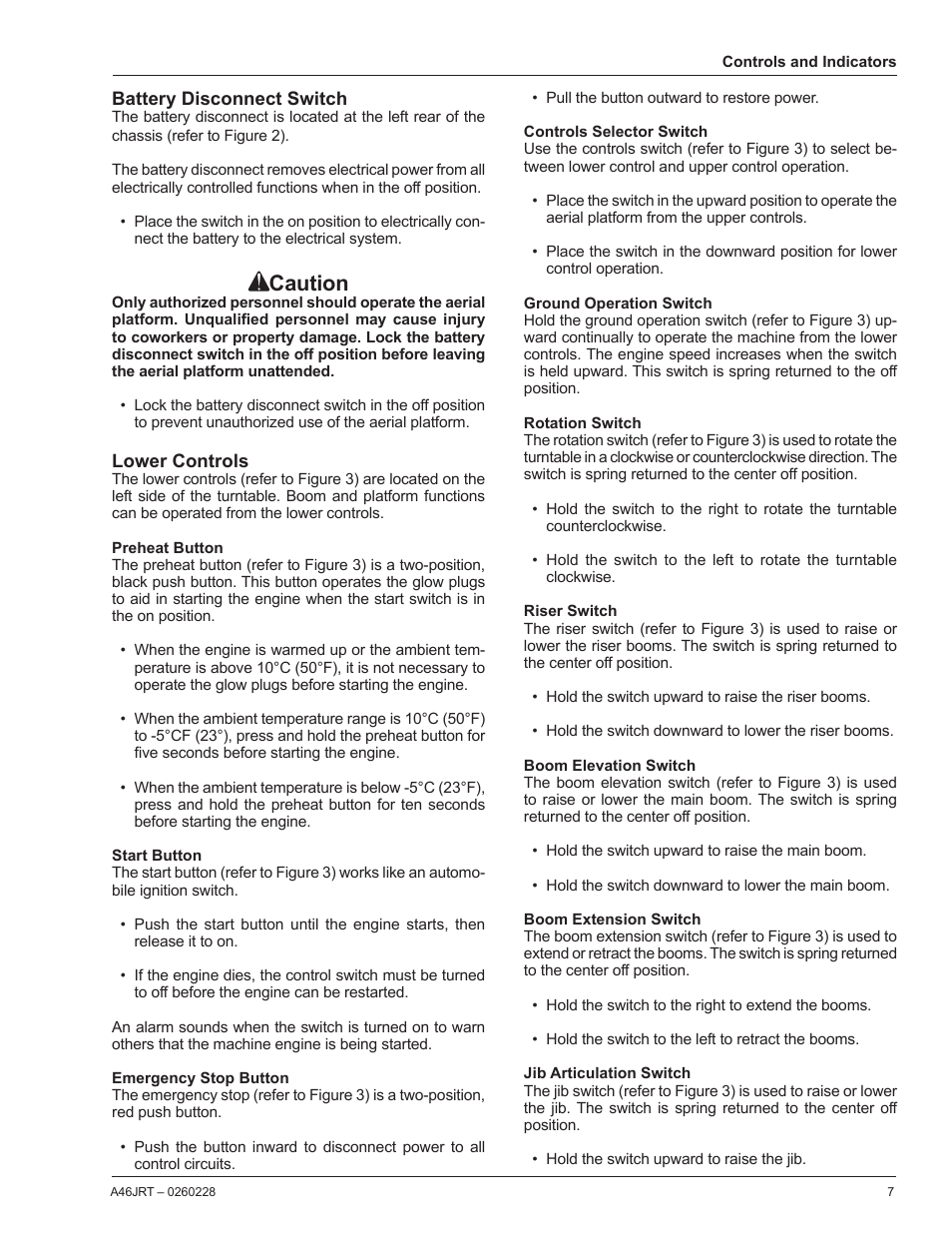 Battery disconnect switch, Lower controls, Preheat button | Start button, Emergency stop button, Controls selector switch, Ground operation switch, Rotation switch, Riser switch, Boom elevation switch | Snorkel A46JRT CE User Manual | Page 9 / 28