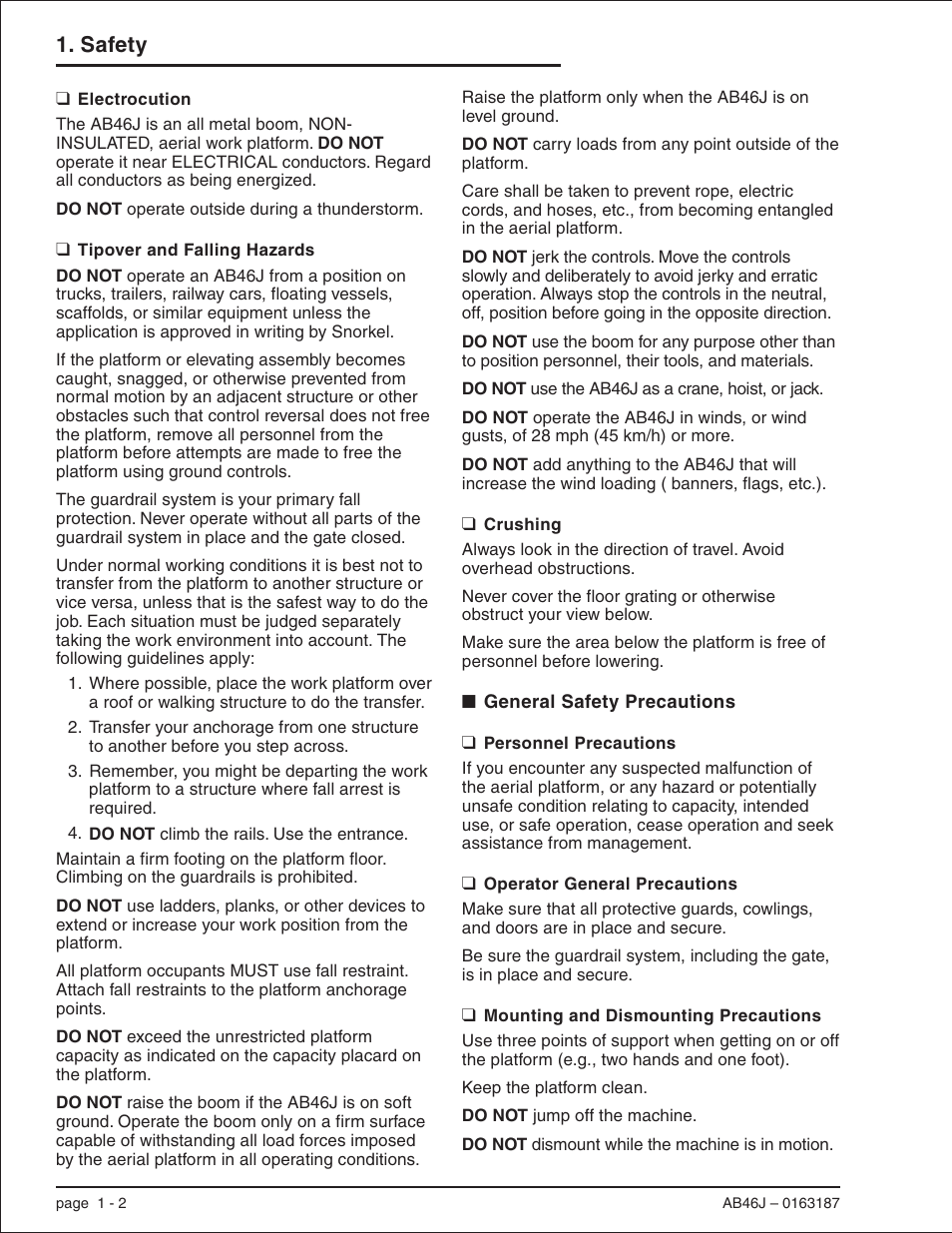 Electrocution 1-2, Tipover and falling hazards 1-2, Crushing 1-2 | General safety precautions 1-2, Personnel precautions 1-2, Operator general precautions 1-2, Mounting and dismounting precautions 1-2, Crushing, 1-2, Electrocution, 1-2, 8-1, 8-3, General safety precautions, 1-2 | Snorkel AB46J User Manual | Page 10 / 74