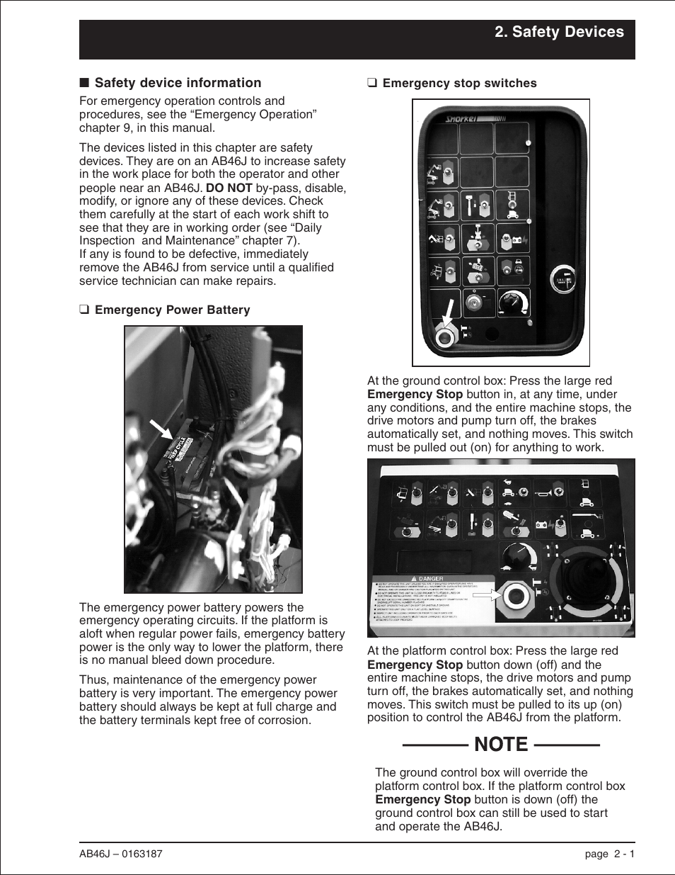 Safety devices, Safety device information 2-1, Emergency power battery 2-1 | Emergency stop switches 2-1, Daily inspection and maintenance, 2-1, Emergency power battery, 2-1, Emergency stop switches, 2-1, Devices, 2-1, Emergency stop button, 2-1, Safety device information -1 | Snorkel AB46J User Manual | Page 15 / 74