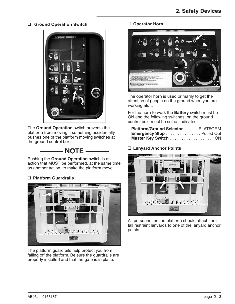 Ground operation switch 2-3, Platform guardrails 2-3, Operator horn 2-3 | Lanyard anchor points 2-3, Ground operation switch, 2-3, Lanyard anchor points, 2-3, Operator horn, 2-3, Platform guardrails , 2-3, Ground operation switch -3, Safety devices | Snorkel AB46J User Manual | Page 17 / 74