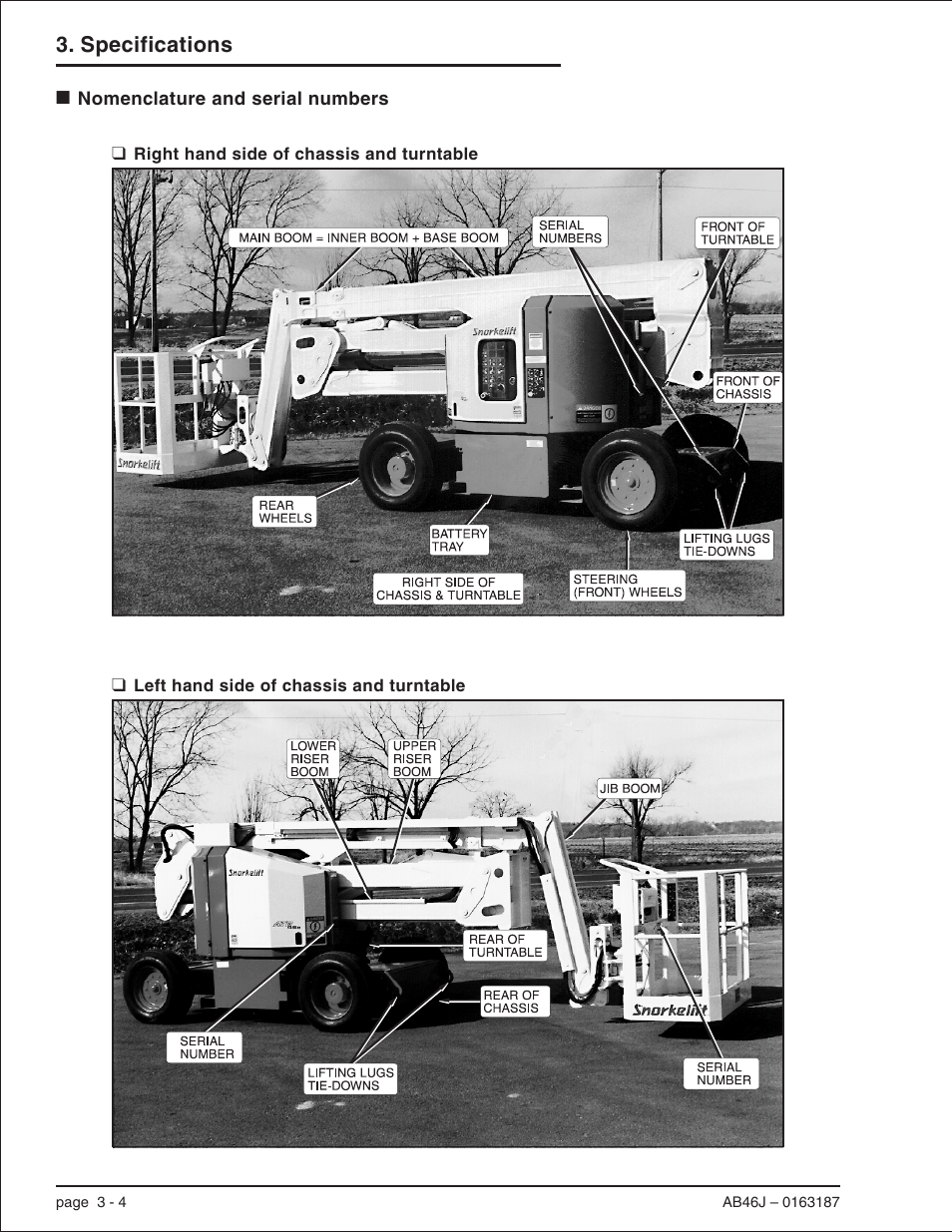 Nomenclature and serial numbers 3-4, Right hand side of chassis and turntable 3-4, Left hand side of chassis and turntable 3-4 | Nomenclature and serial numbers, 3-4, Nomenclature and serial numbers -4, Specifications | Snorkel AB46J User Manual | Page 22 / 74