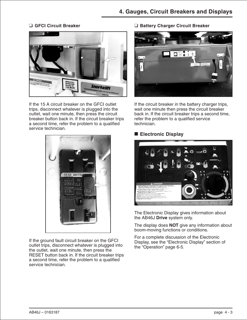 Gfci circuit breaker 4-3, Battery charger circuit breaker 4-3, Electronic display 4-3 | Ground fault, 4-3, Electronic display, 4-3, 6-1, 6-5, 7-7, 8-3, Electronic display -3, Gauges, circuit breakers and displays | Snorkel AB46J User Manual | Page 25 / 74