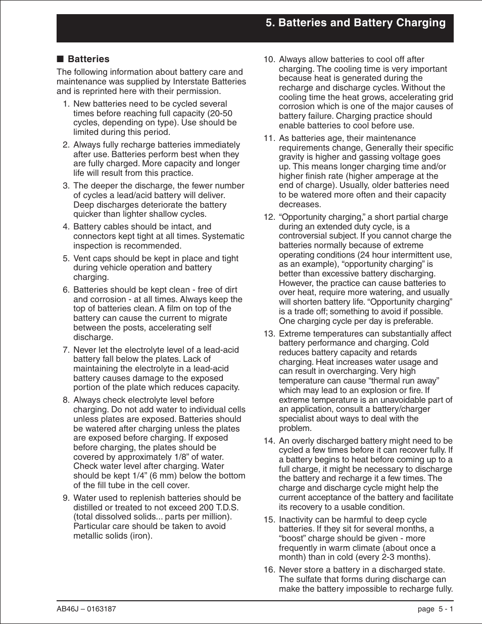 Batteries and battery charging, Batteries 5-1, Battery, 5-1, 12-1 | Cables, 5-1, Care, 5-1, Electrolyte, 5-1, Lead/acid, 5-1, 12-1, Maintenance, 5-1, Batteries -1 | Snorkel AB46J User Manual | Page 27 / 74