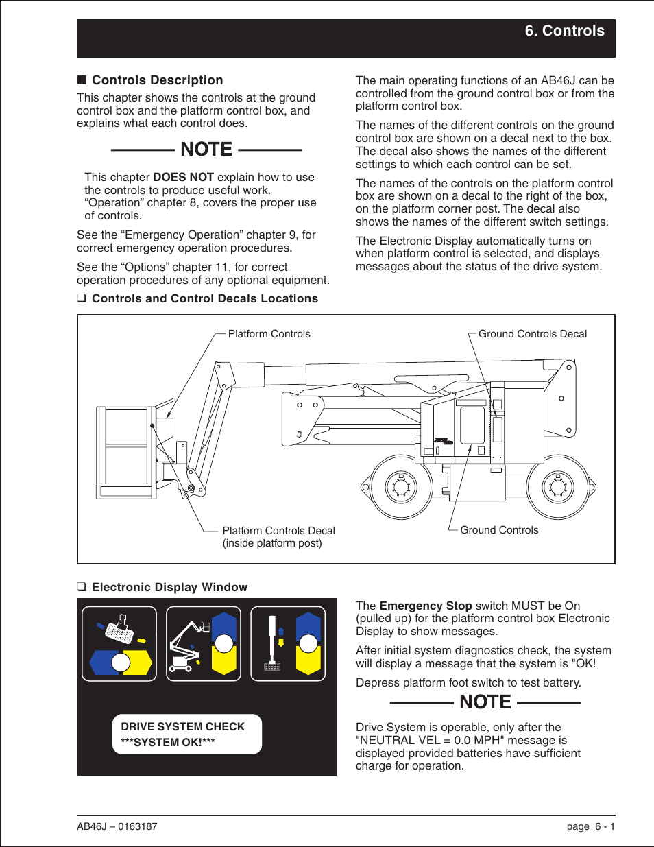 Controls, Controls description 6-1, Controls and control decals locations 6-1 | Electronic display window 6-1, Controls and control decals locations, 6-1, Controls description, 6-1, Controls decals, 6-1, Display window, 6-1, Controls description -1 | Snorkel AB46J User Manual | Page 29 / 74