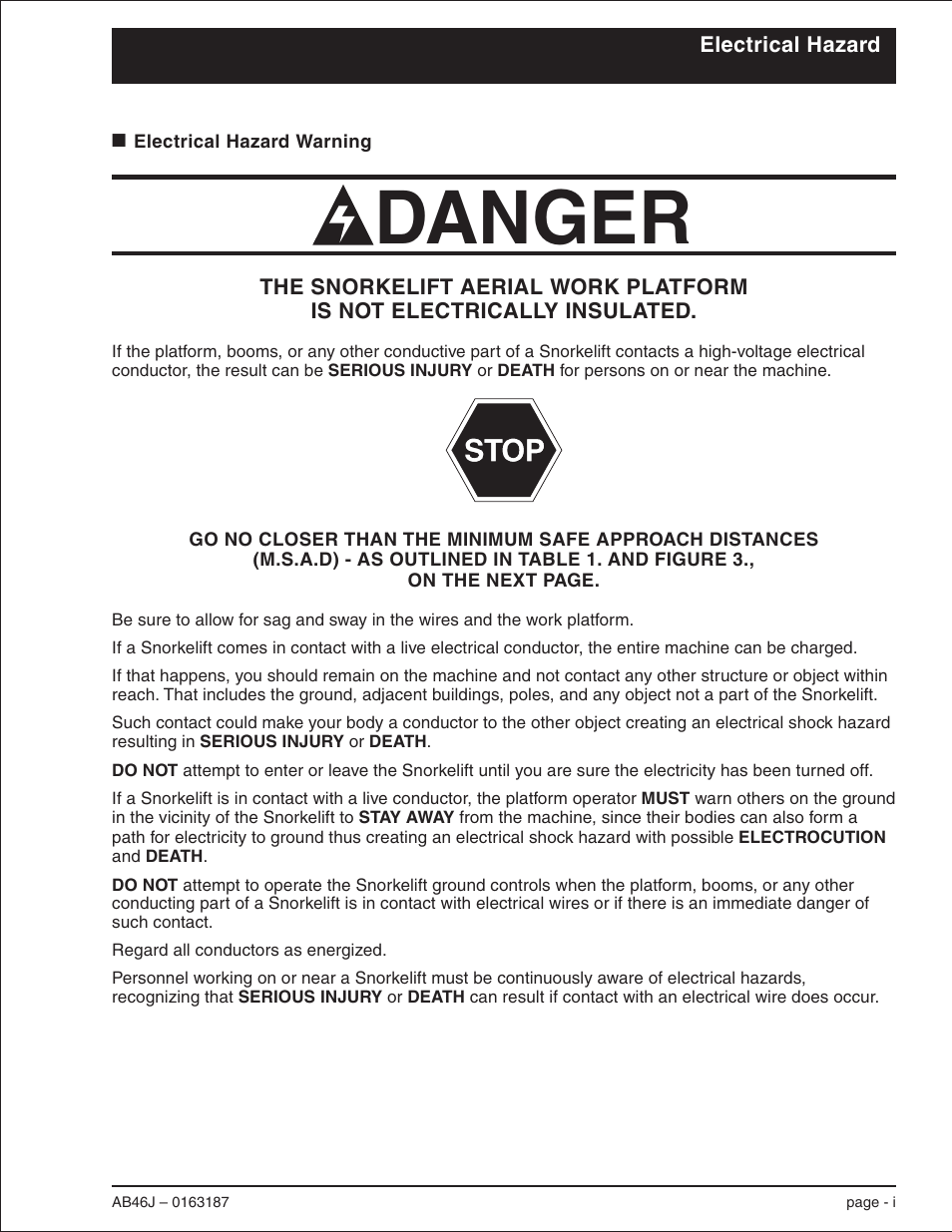 Electrical hazard, Electrical hazard warning i, Danger | Snorkel AB46J User Manual | Page 3 / 74