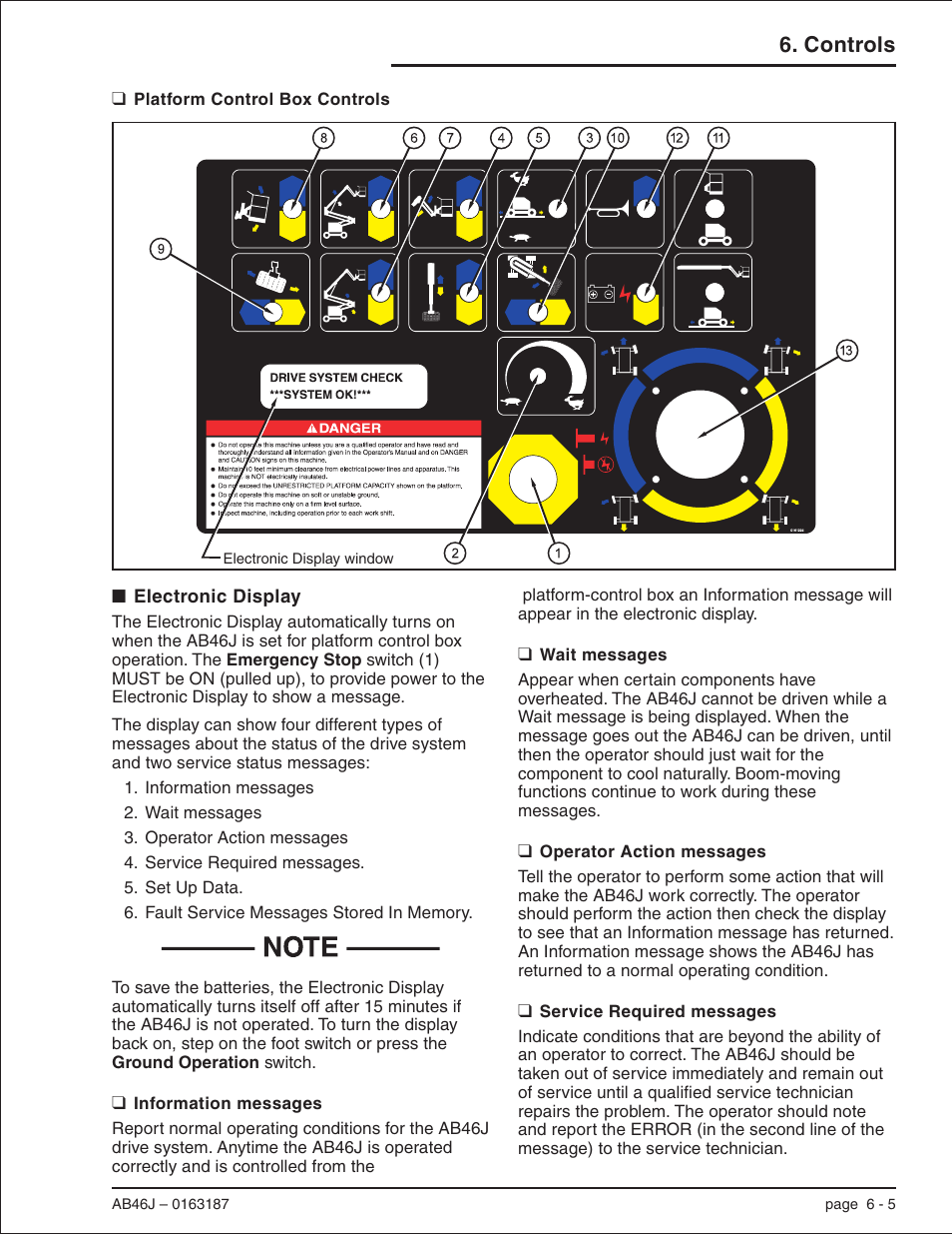 Platform control box controls 6-5, Electronic display 6-5, Information messages 6-5 | Wait messages 6-5, Operator action messages 6-5, Service required messages 6-5, Control switch location, 6-5, Information messages, 6-5, Oprator action messages, 6-5, Service required messages, 6-5 | Snorkel AB46J User Manual | Page 33 / 74