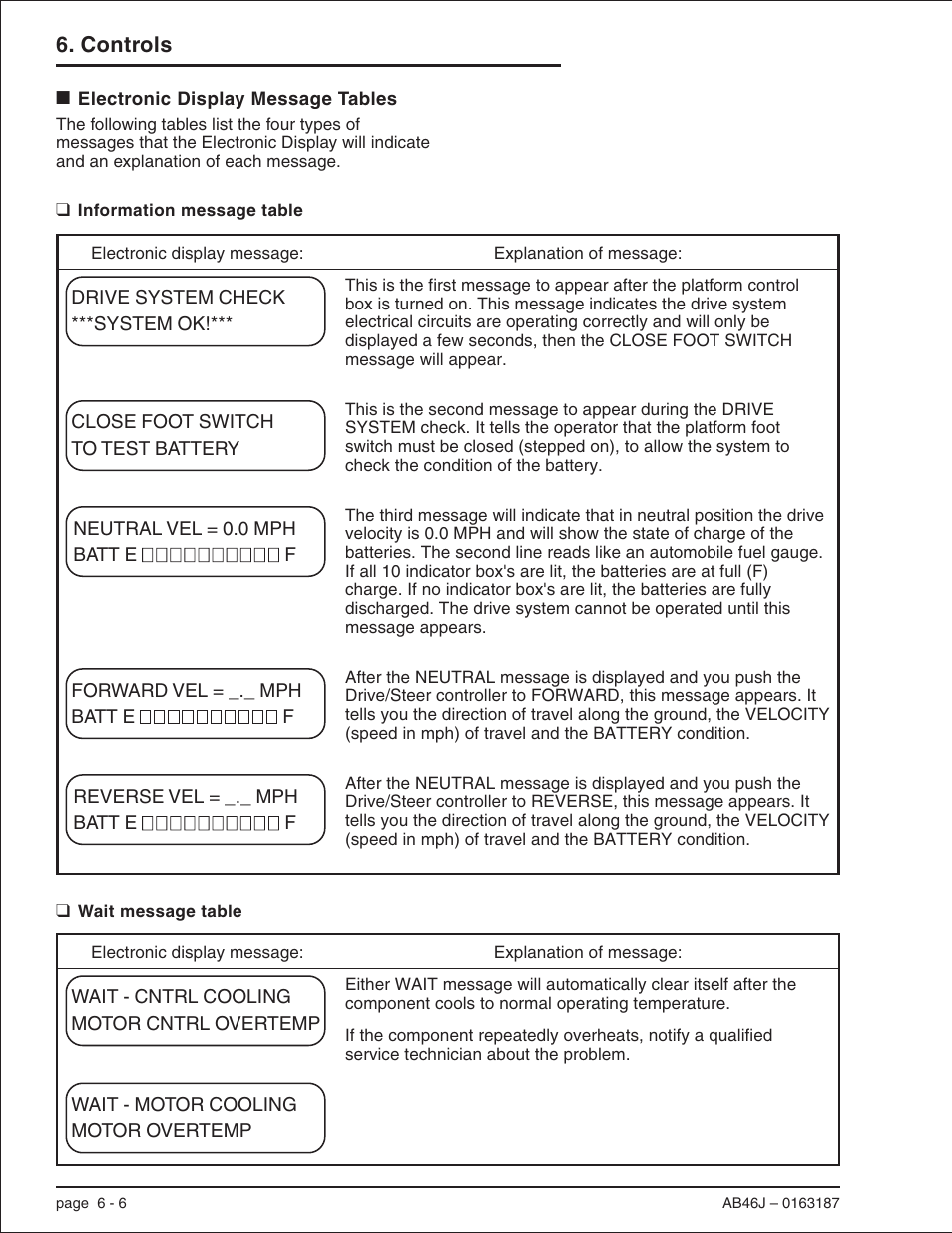 Electronic display message tables 6-6, Information message table 6-6, Wait message table 6-6 | Message tables, 6-6, Information message, 6-6, Wait message, 6-6, Electronic display message tables -6, Information message table -6 wait message table -6 | Snorkel AB46J User Manual | Page 34 / 74