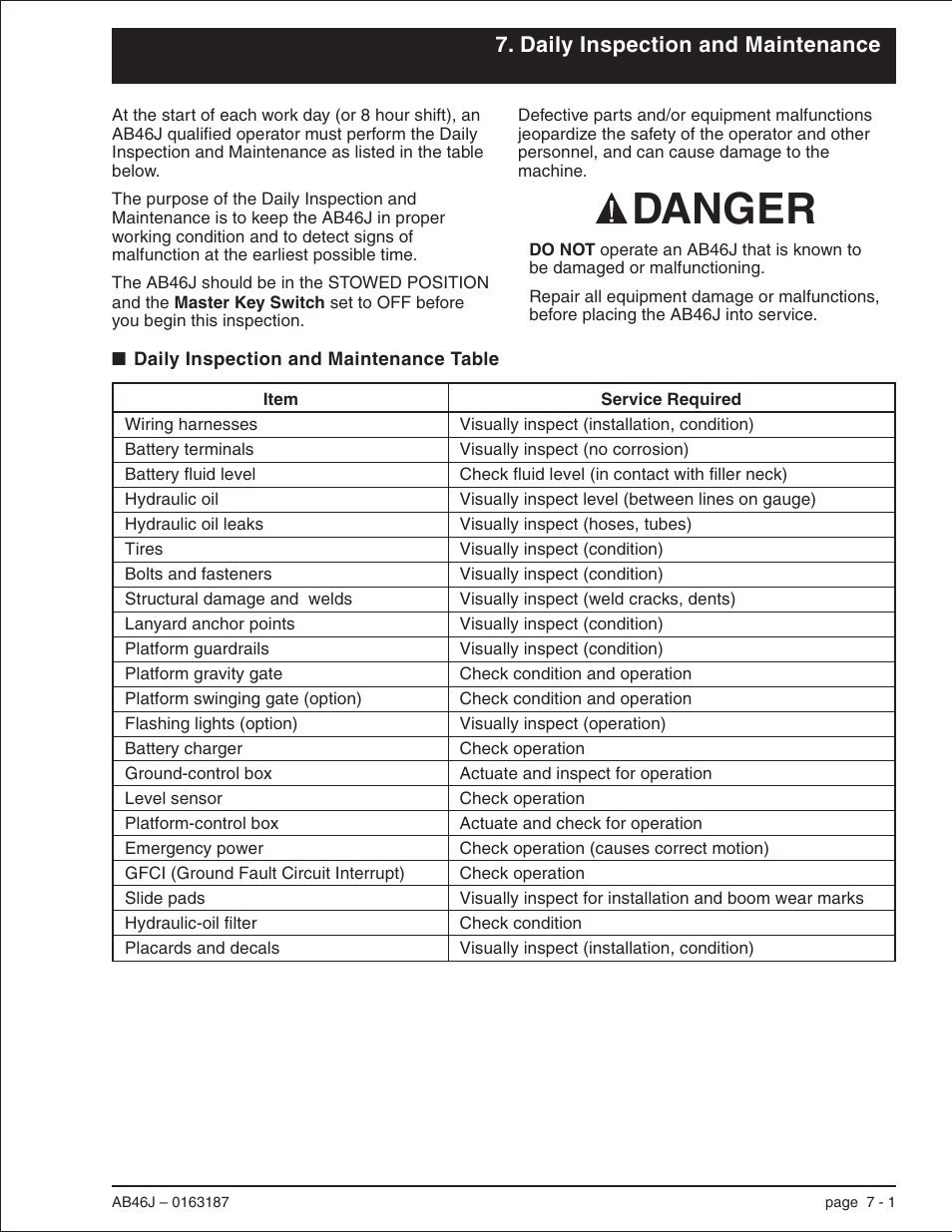 Daily inspection and maintenance, Daily inspection and maintenance table 7-1, Daily inspection and maintenance table, 7-1 | Operators daily inspection, 7-1, Inspection and maintenance table, 7-1, Qualified, 7-1, 8-2, Daily inspection and maintenance table -1, Danger | Snorkel AB46J User Manual | Page 39 / 74