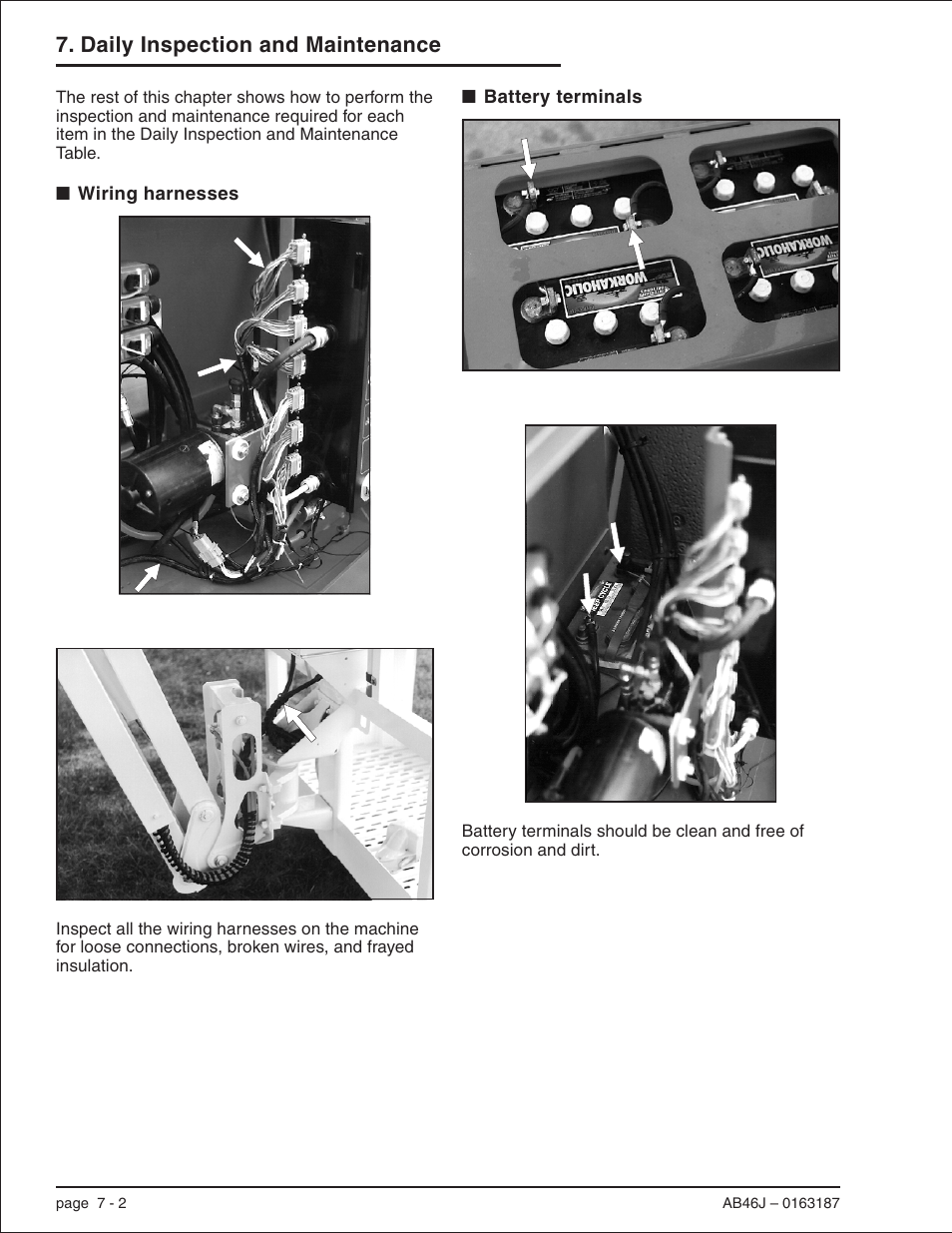 Wiring harnesses 7-2, Battery terminals 7-2, Battery terminals, 7-2 | Wiring harnesses, 7-2, Wiring harnesses -2 battery terminals -2, Daily inspection and maintenance | Snorkel AB46J User Manual | Page 40 / 74