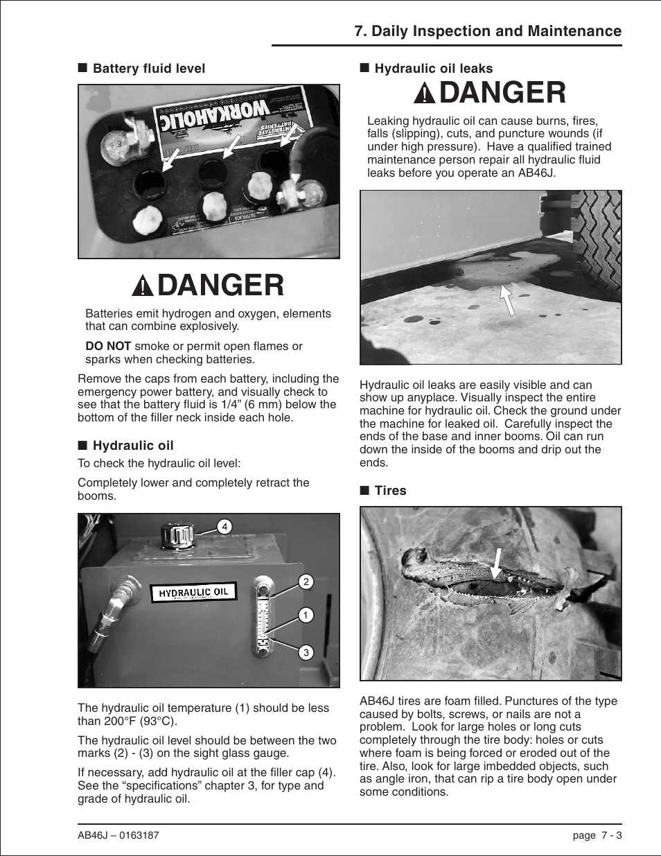 Battery fluid level 7-3, Hydraulic oil 7-3, Hydraulic oil leaks 7-3 | Tires 7-3, Fluid level, 7-3, Hydrogen, 7-3, Fluid leaks, 7-3, Filler cap, 7-3, Sight glass gauge, 7-3, Battery fluid level, 7-3 | Snorkel AB46J User Manual | Page 41 / 74