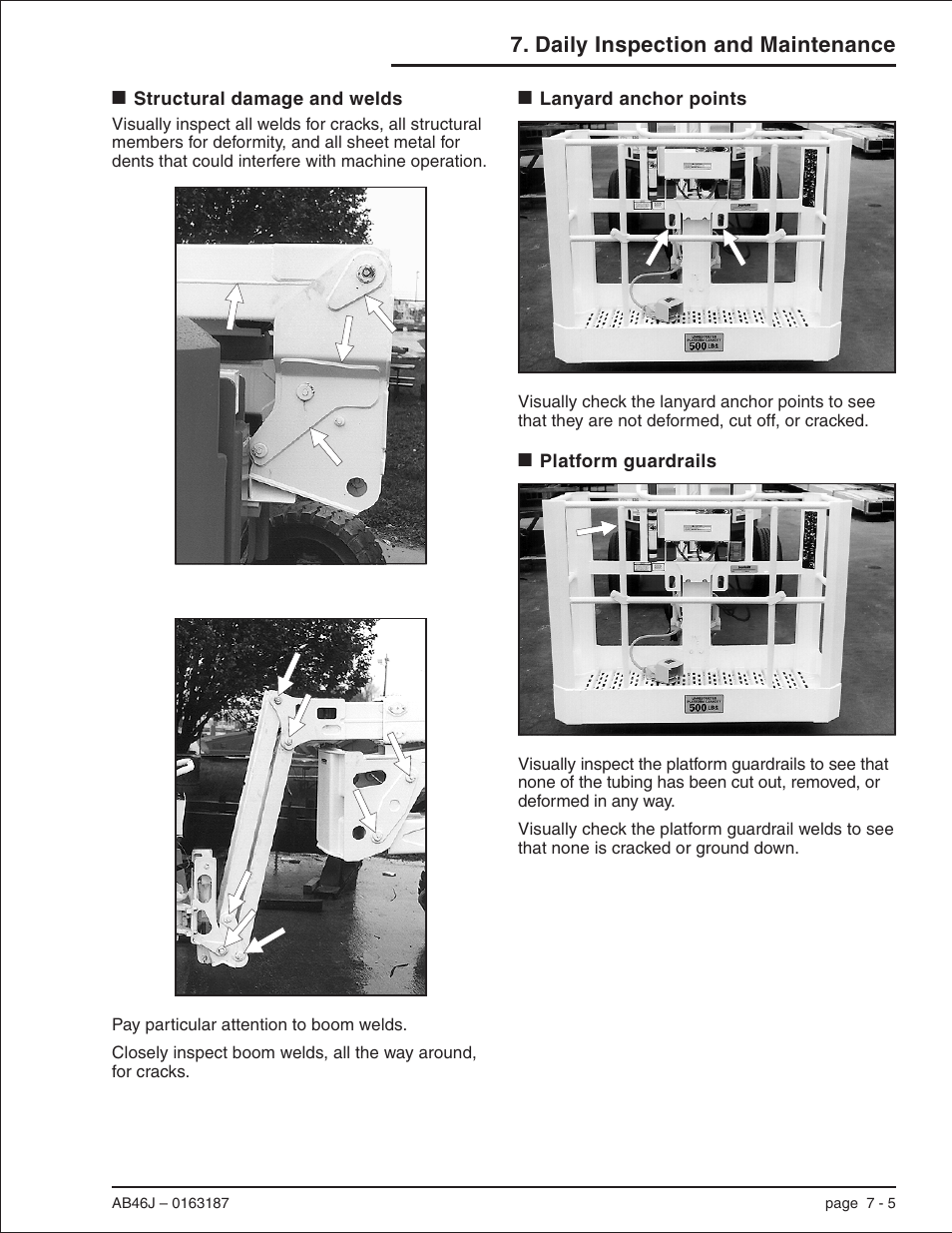 Structural damage and welds 7-5, Lanyard anchor points 7-5, Platform guardrails 7-5 | Lanyard anchor points, 7-5, Platform guardrails, 7-5, Structural damage and welds, 7-5, Guardrails, 7-5, Daily inspection and maintenance | Snorkel AB46J User Manual | Page 43 / 74