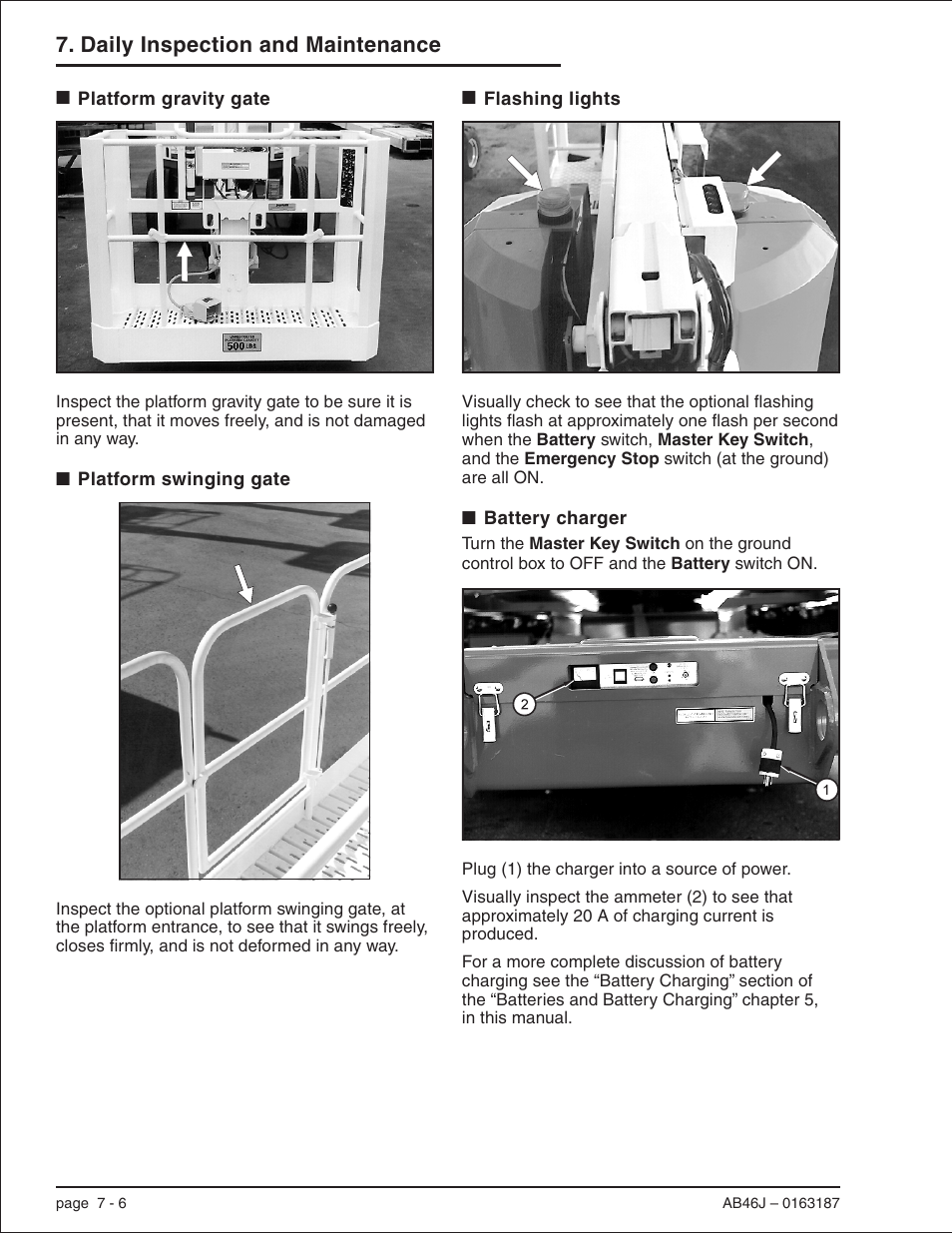 Platform gravity gate 7-6, Platform swinging gate 7-6, Flashing lights 7-6 | Battery charger 7-6, Battery charger, 7-6, Platform gravity gate, 7-6, Platform swinging gate, 7-6, Flashing lights, 7-6, 11-1, Gravity gate, 7-6, 8-3, 10-3, Swinging gate, 7-6 | Snorkel AB46J User Manual | Page 44 / 74