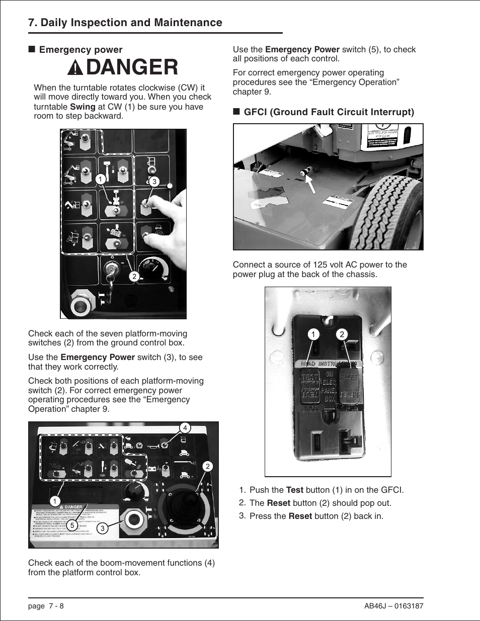 Emergency power 7-8, Gfci (ground fault circuit interrupt) 7-8, 125 volt ac power, 7-8 | Emergency power, 7-8, Gfci (ground fault circuit interrupt), 7-8, Danger | Snorkel AB46J User Manual | Page 46 / 74