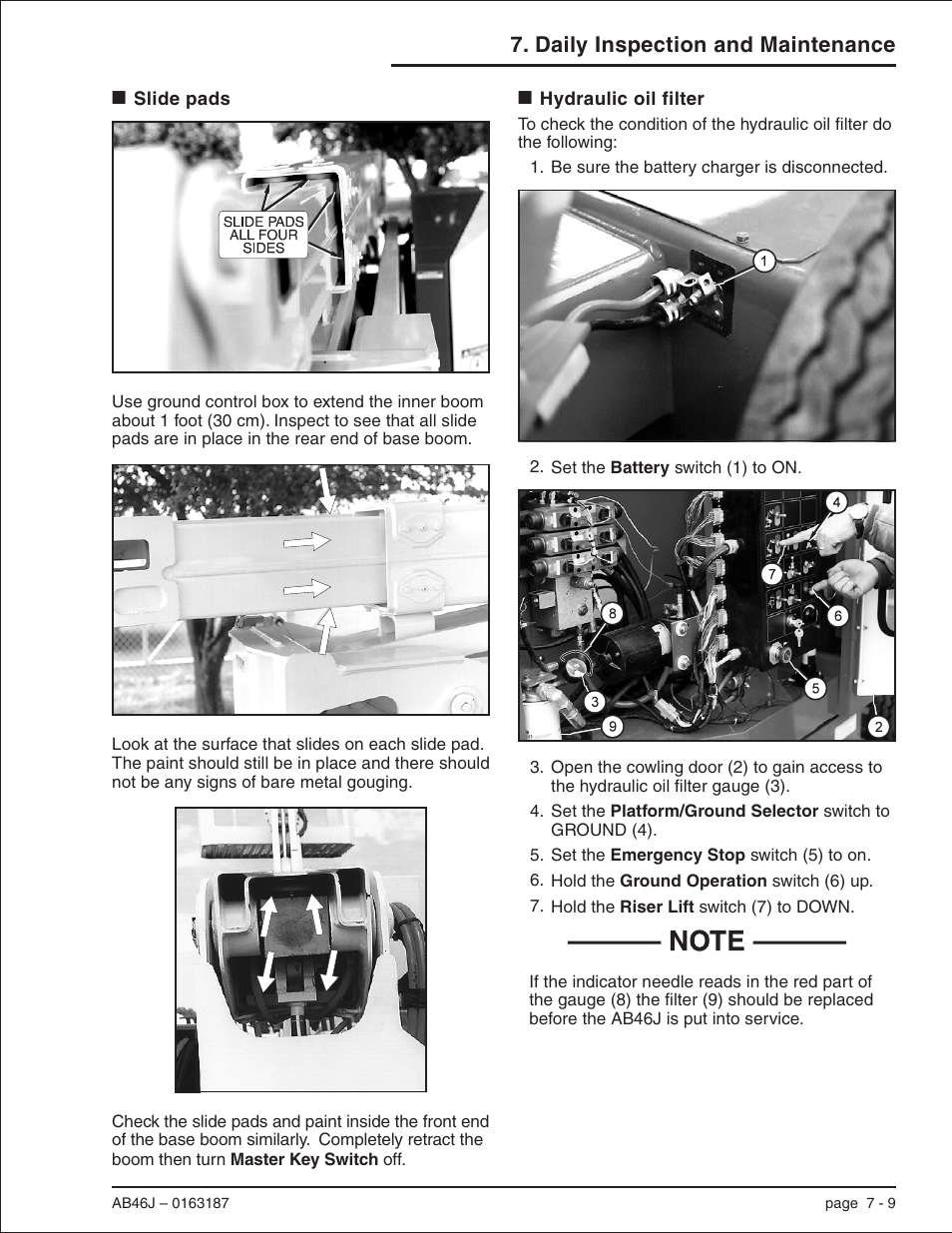 Slide pads 7-9, Hydraulic oil filter 7-9, Cowling door, 7-9, 10-3 | Hydraulic oil filter, 7-9, Slide pads, 7-9, Slide pads -9 hydraulic oil filter -9, Daily inspection and maintenance | Snorkel AB46J User Manual | Page 47 / 74