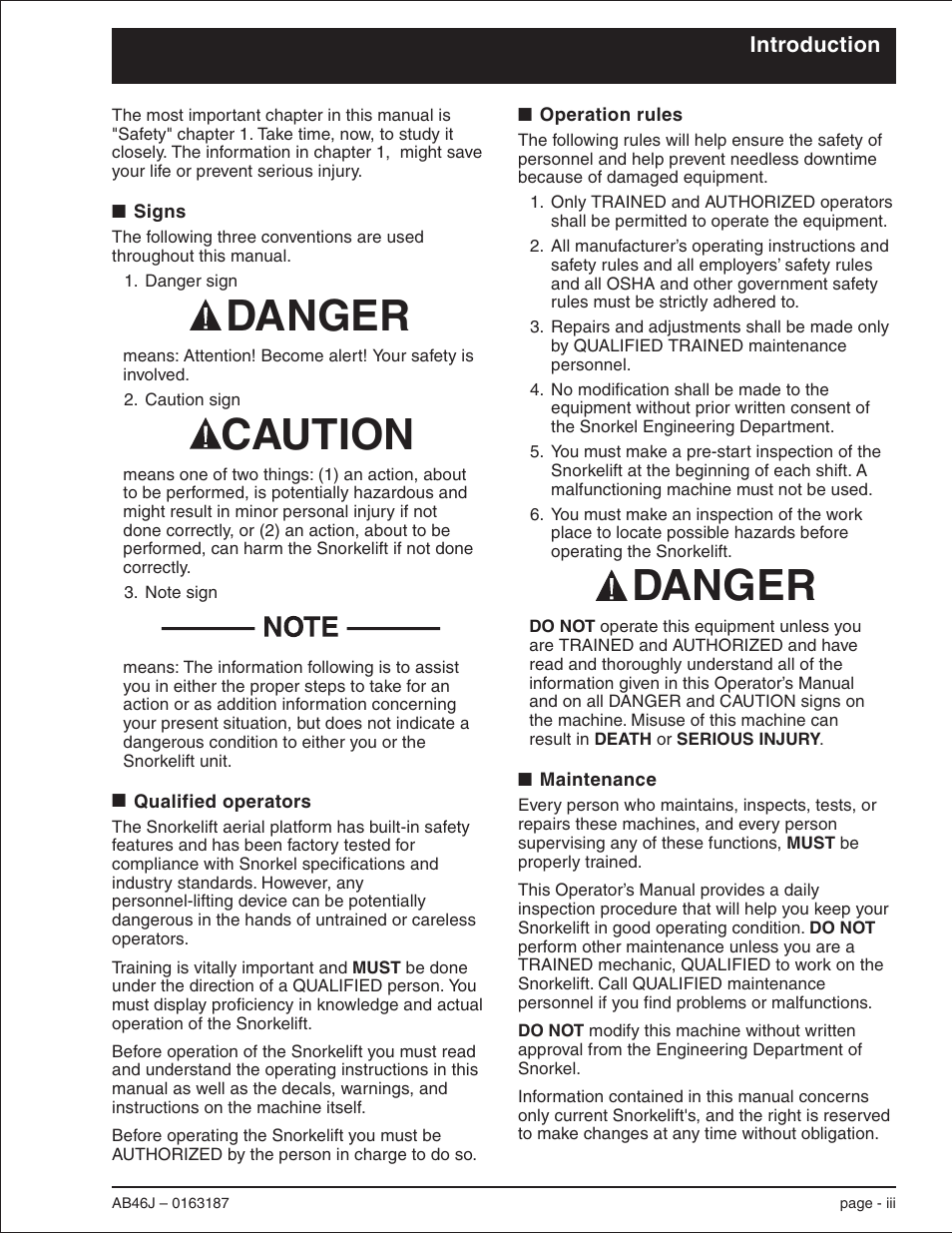Introduction, Signs iii, Qualified operators iii | Operation rules iii, Maintenance iii, Danger caution danger | Snorkel AB46J User Manual | Page 5 / 74