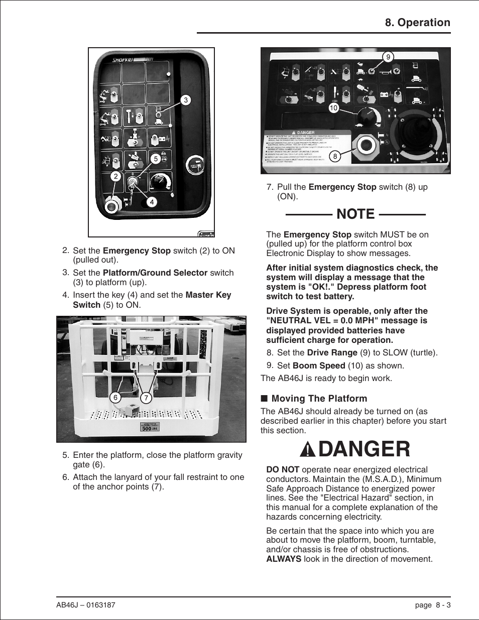 Moving the platform 8-3, Moving the platform , 8-3, Fall restraint, 8-3 | Moving the platform -3, Danger | Snorkel AB46J User Manual | Page 53 / 74