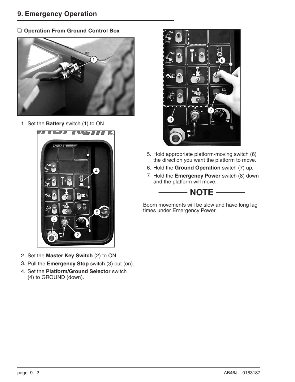 Operation from ground control box 9-2, Emergency stop , 9-2, From ground control box, 9-2 | Operation from ground control box -2, Emergency operation | Snorkel AB46J User Manual | Page 58 / 74