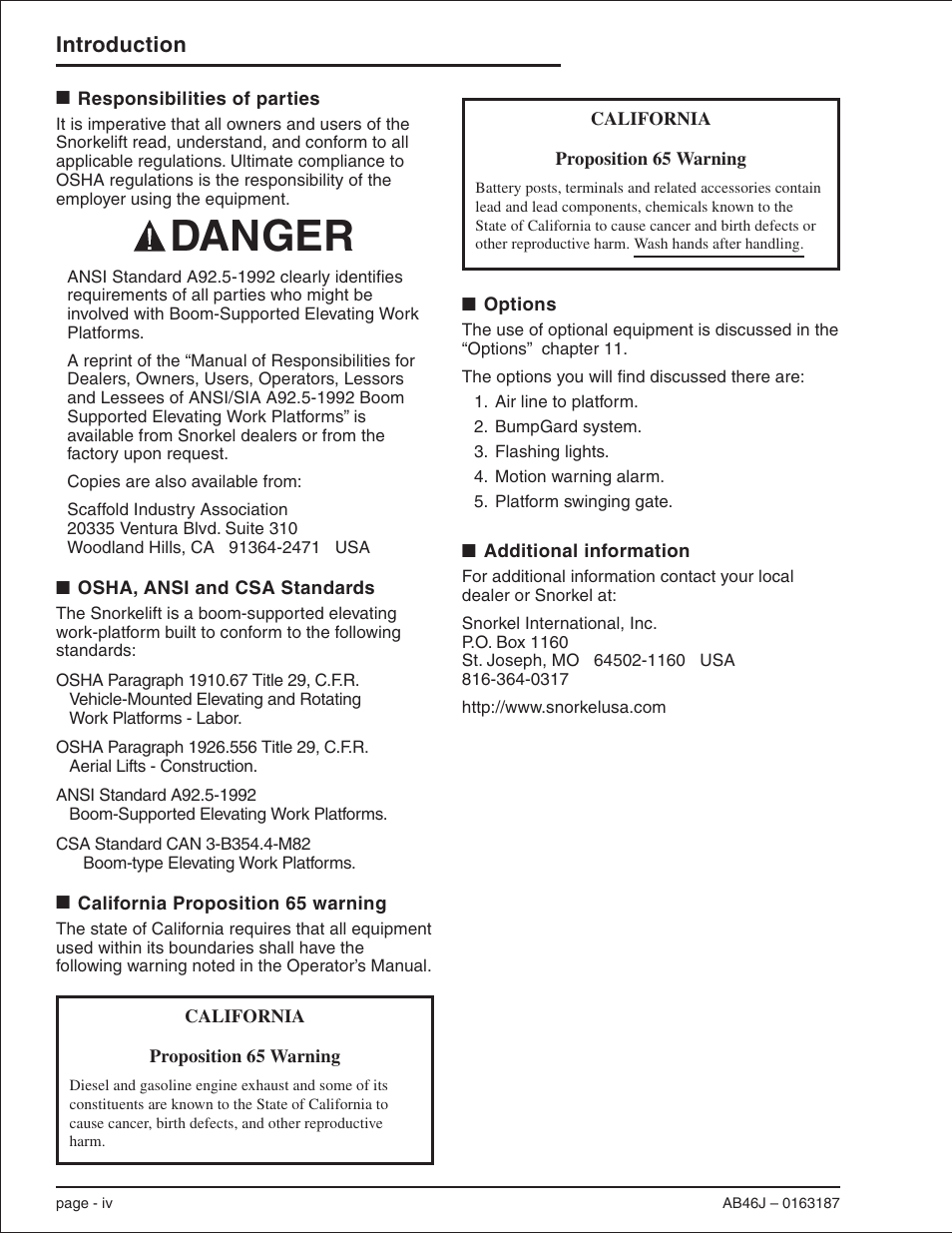 Responsibilities of parties iv, Osha, ansi and csa standards iv, California proposition 65 warning iv | Options iv, Additional information iv, Additional information, a-iv, Danger | Snorkel AB46J User Manual | Page 6 / 74