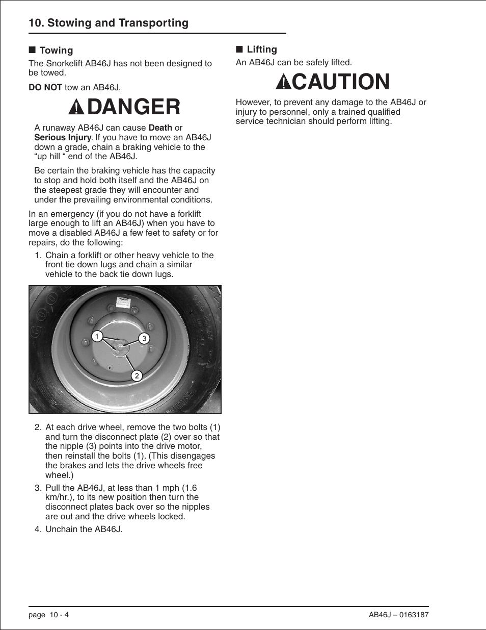 Towing 10-4, Lifting 10-4, Lifting machine, 10-4 | Towing, 10-4, Towing -4 lifting -4, Caution danger | Snorkel AB46J User Manual | Page 62 / 74