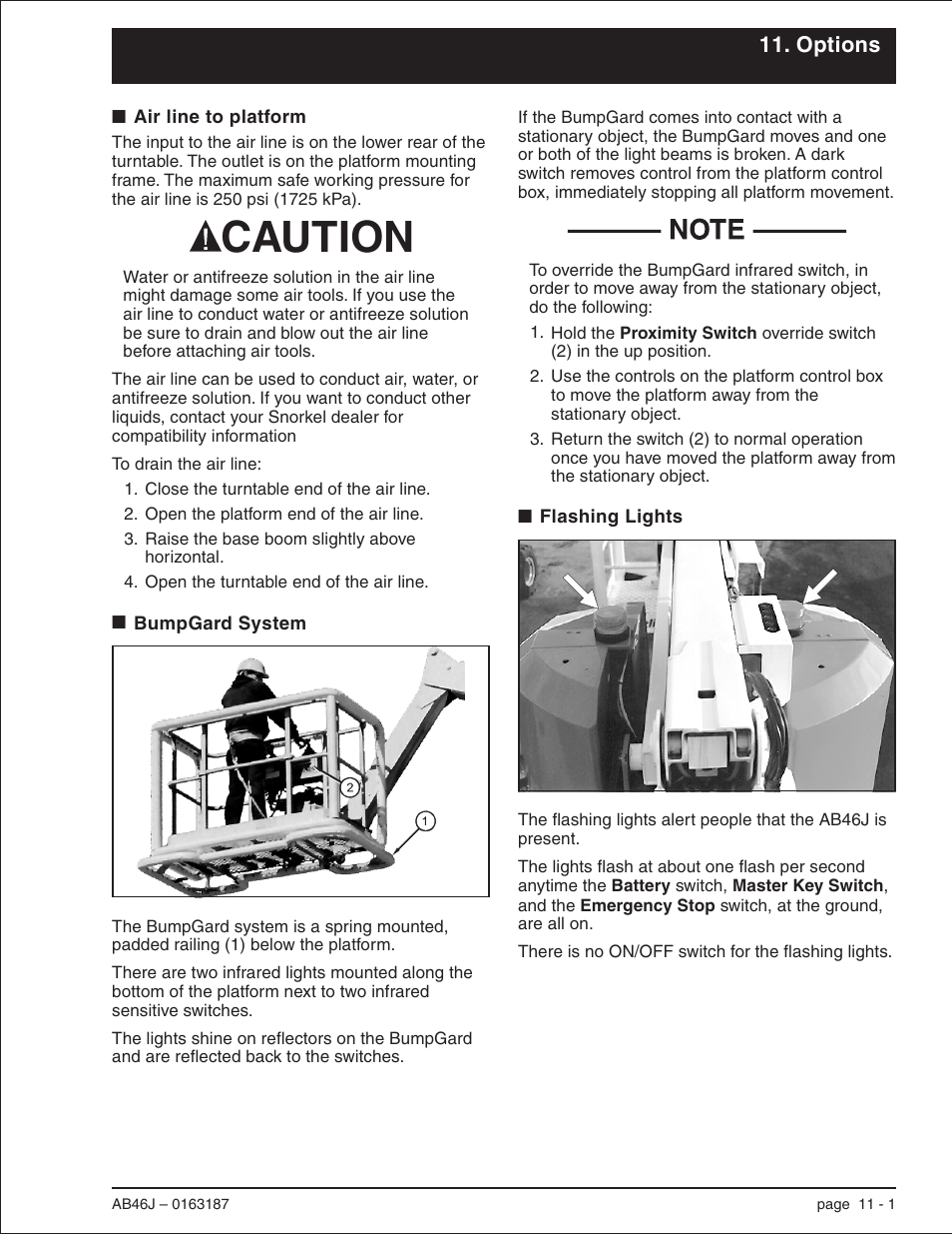 Options, Air line to platform 11-1, Bumpgard system 11-1 | Flashing lights 11-1, Air line to platform, 11-1, Bumpgard system, 11-1, Flashing lights, 11-1, Caution | Snorkel AB46J User Manual | Page 63 / 74