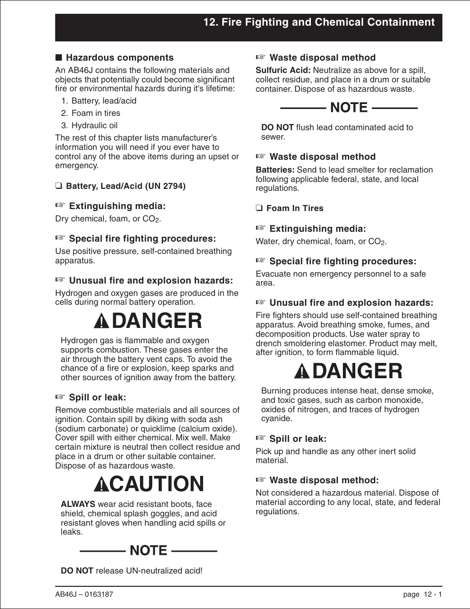 Fire fighting and chemical containment, Hazardous components 12-1, Battery, lead/acid (un 2794) 12-1 | Foam in tires 12-1, Chemical containment, 12-1, 12-2, Fire fighting, 12-1, 12-2, Battery, lead/acid, 12-1, Foam in tires, 12-1, Hazardous components -1, Battery, lead/acid (un 2794) -1 foam in tires -1 | Snorkel AB46J User Manual | Page 65 / 74