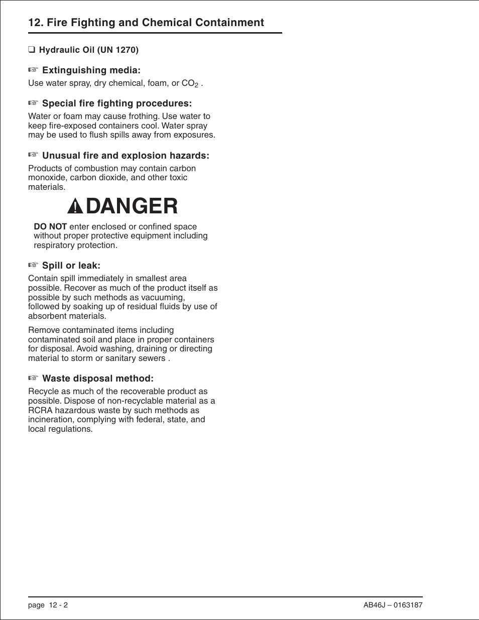 Hydraulic oil (un 1270) 12-2, Hydraulic oil (un 1270), 12-2, Hydraulic oil (un 1270) -2 | Danger | Snorkel AB46J User Manual | Page 66 / 74