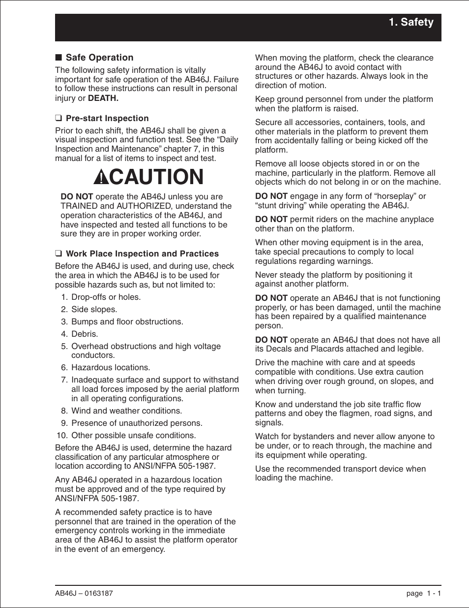 Safety, Safe operation 1-1, Pre-start inspection 1-1 | Work place inspection and practices 1-1, Hazardous location, 1-1, Work place, 1-1, Pre-start, 1-1, Pre-start inspection, 1-1, Safe operation, 1-1, Personnel, 1-1 | Snorkel AB46J User Manual | Page 9 / 74