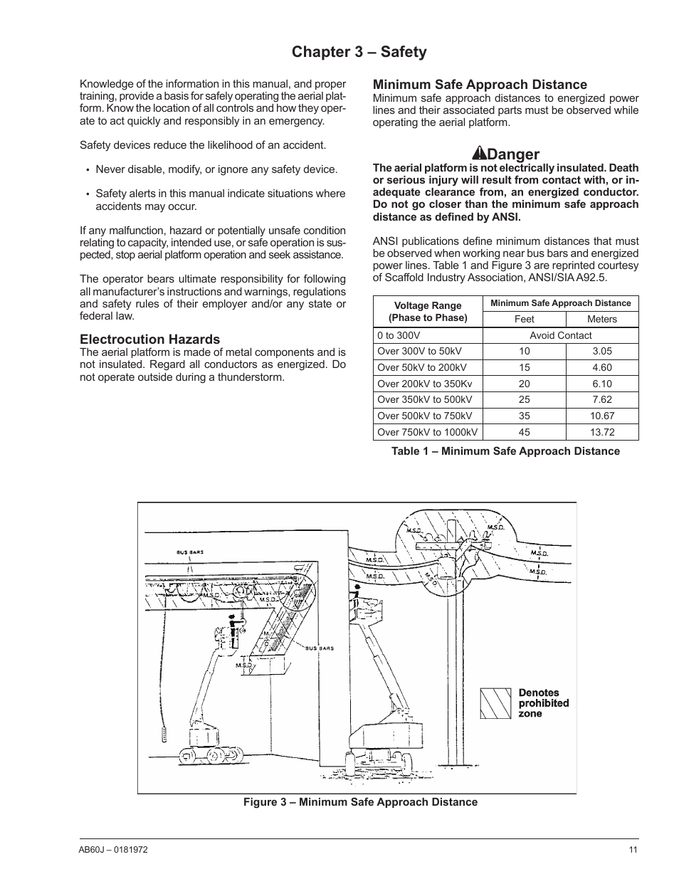 Chapter 3 – safety, Electrocution hazards, Minimum safe approach distance | Danger | Snorkel AB60J User Manual | Page 15 / 76