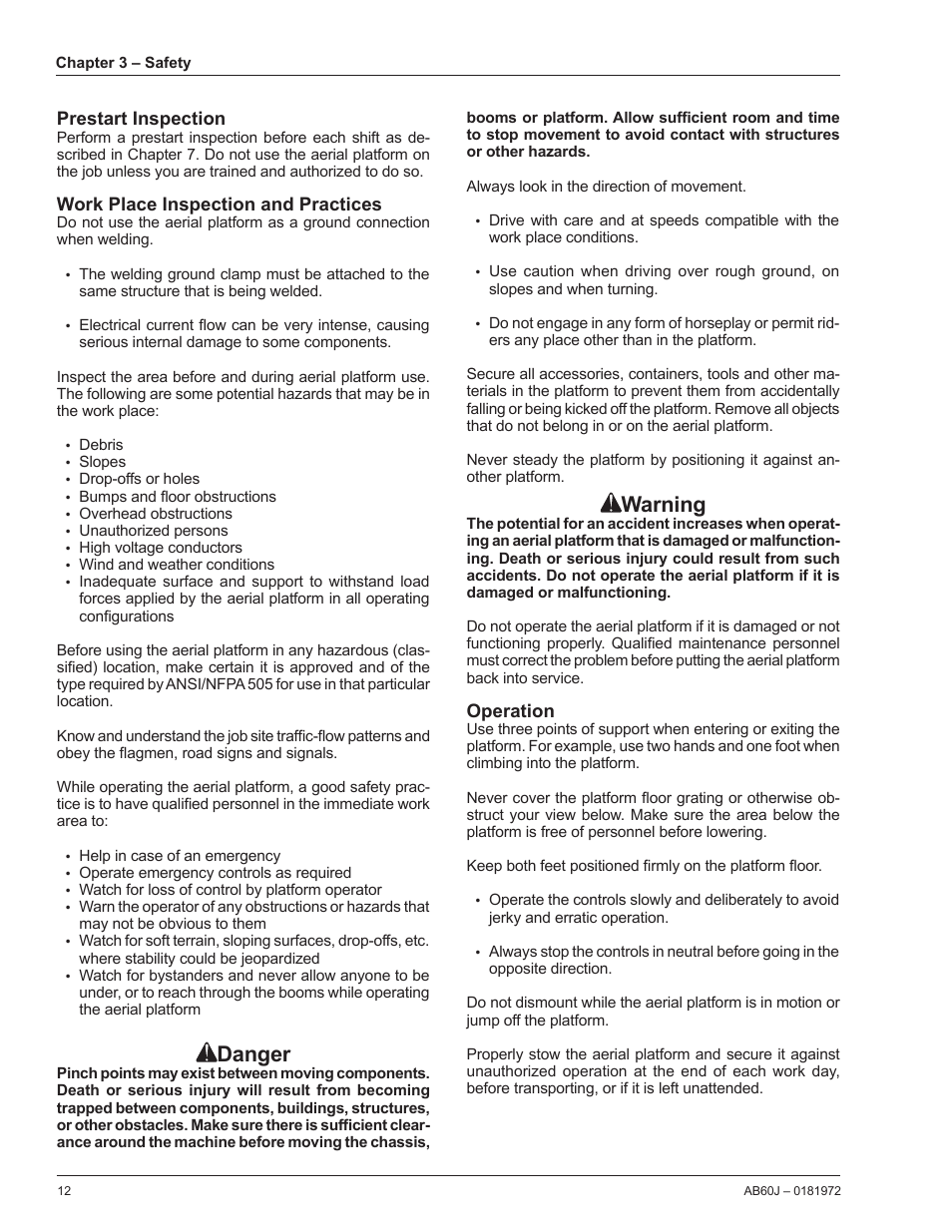 Prestart inspection, Work place inspection and practices, Operation | Danger, Warning | Snorkel AB60J User Manual | Page 16 / 76