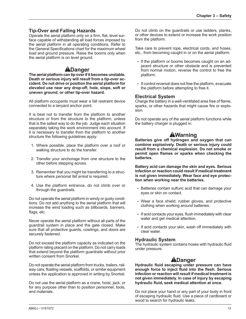 Tip-over and falling hazards, Electrical system, Hydraulic system | Danger, Warning | Snorkel AB60J User Manual | Page 17 / 76